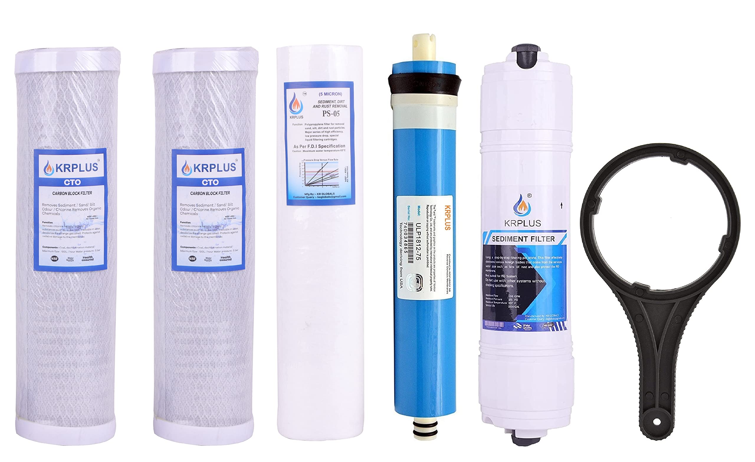 Reverse Osmosis 1 Year Replacement Service Kit 5 Stage Water Filter 2X CTO Filter, 1x Spun Filter, 80 GPD Membrane, 1 Sediment Filter, 1 Spanner/Wrench, Under Sink RO Water Filter System Kit-image-1