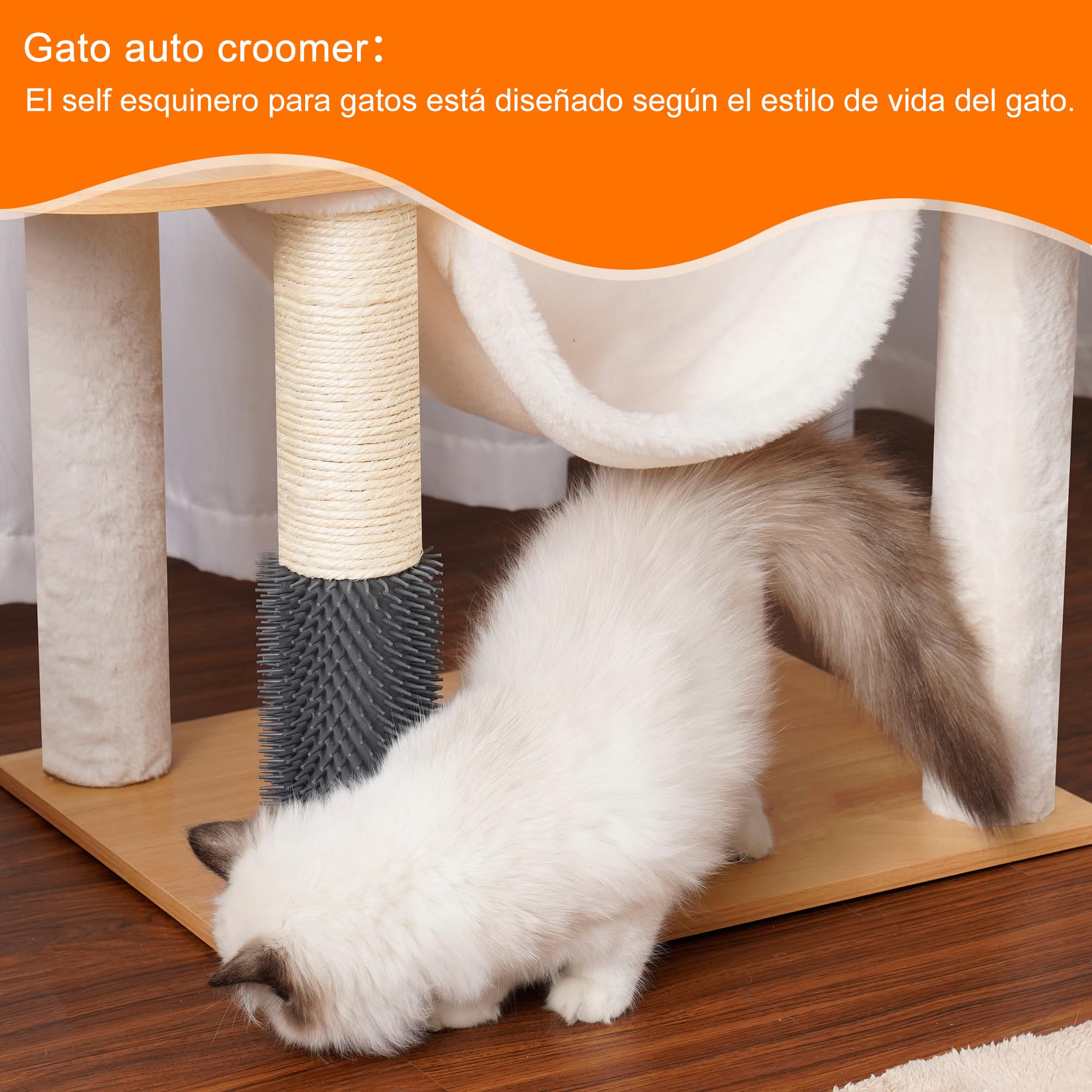 Heybly Árbol para Gatos Moderno, 156 cm de Altura, 4 Niveles, Postes Rascadores, 2 Plataformas, Cuevas, Hamaca, 3 Pompón, Multinivel para Gatos Grandes, Nogal