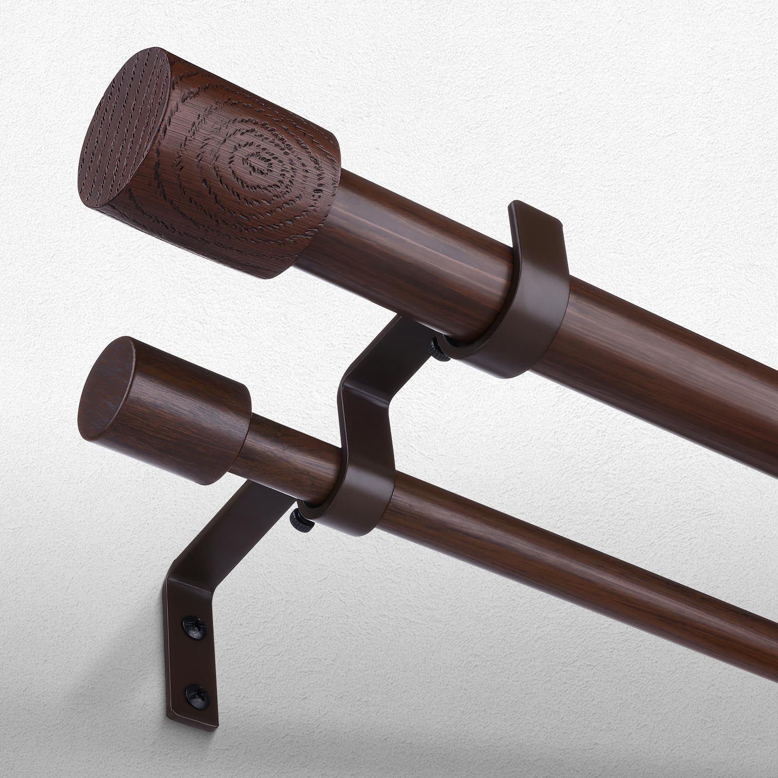 Walnut Wood Double Curtain Rod 36-122 Inch, Boho Decorative Long Dual Curtain Rods for Windows, 1 Inch Adjustable Heavy Duty Metal Spliced Drapery Rods, Unique Faux Wood Grain Design