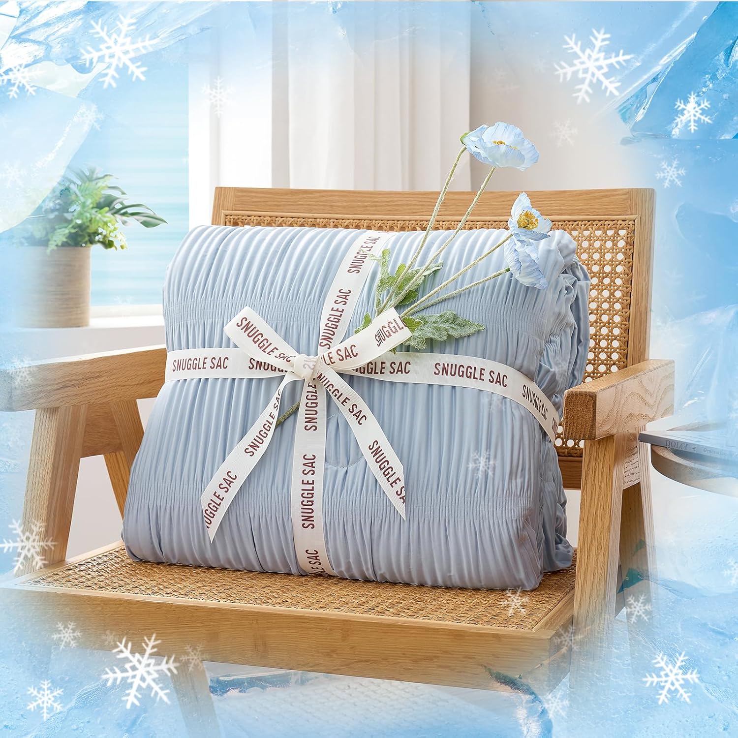 Snuggle Sac Cooling Comforter Twin Size – Q-Max 0.43 Striped Cooling Blanket for Hot Sleepers&Night Sweats, Light Breathable Summer Blanket, Dual-Sided Silk-Smooth, 68x90 Inches, Haze Blue