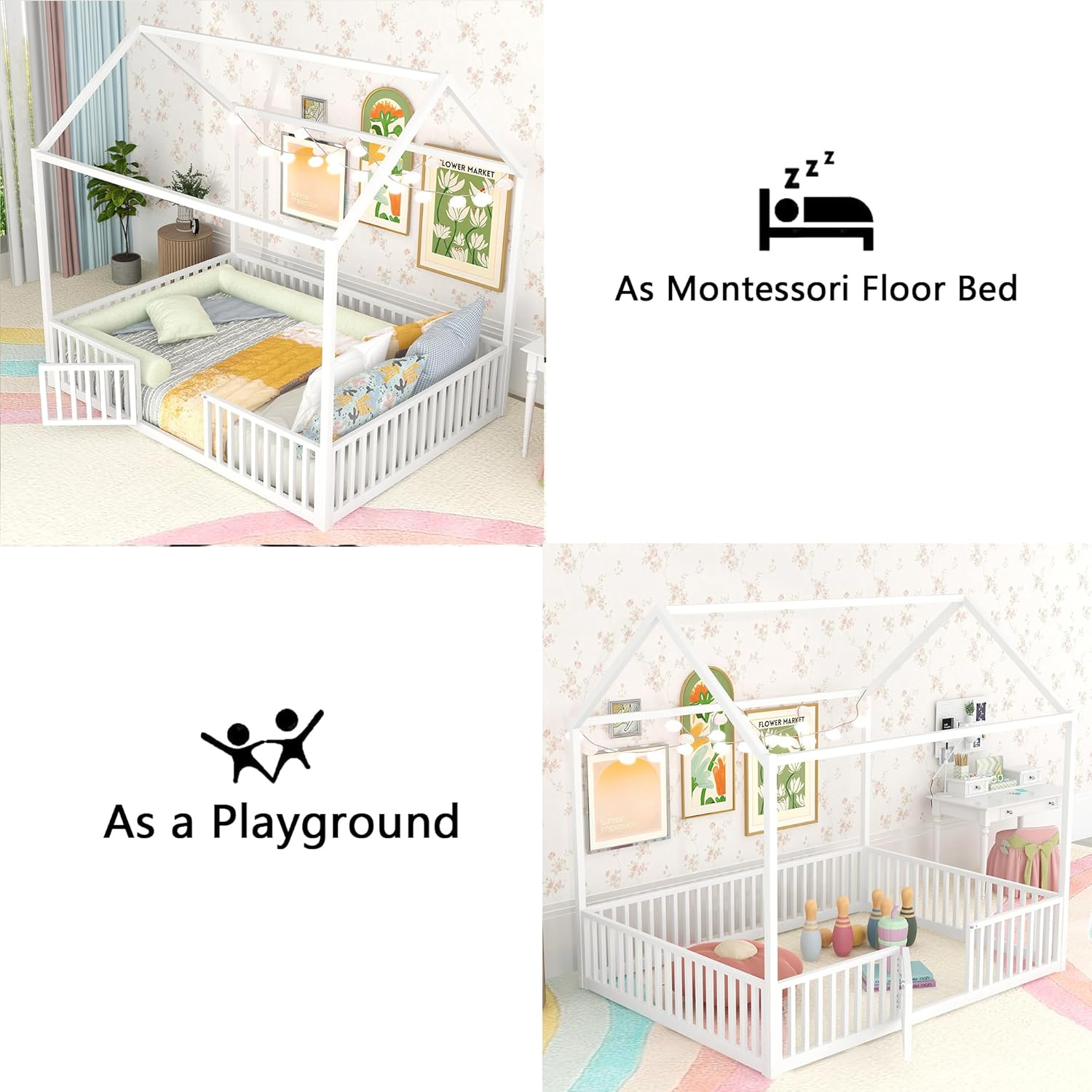 Full Size Floor Bed with Door and Fence, Metal Montessori Bed with Roof/House Floor Bed for Kids(Full White)