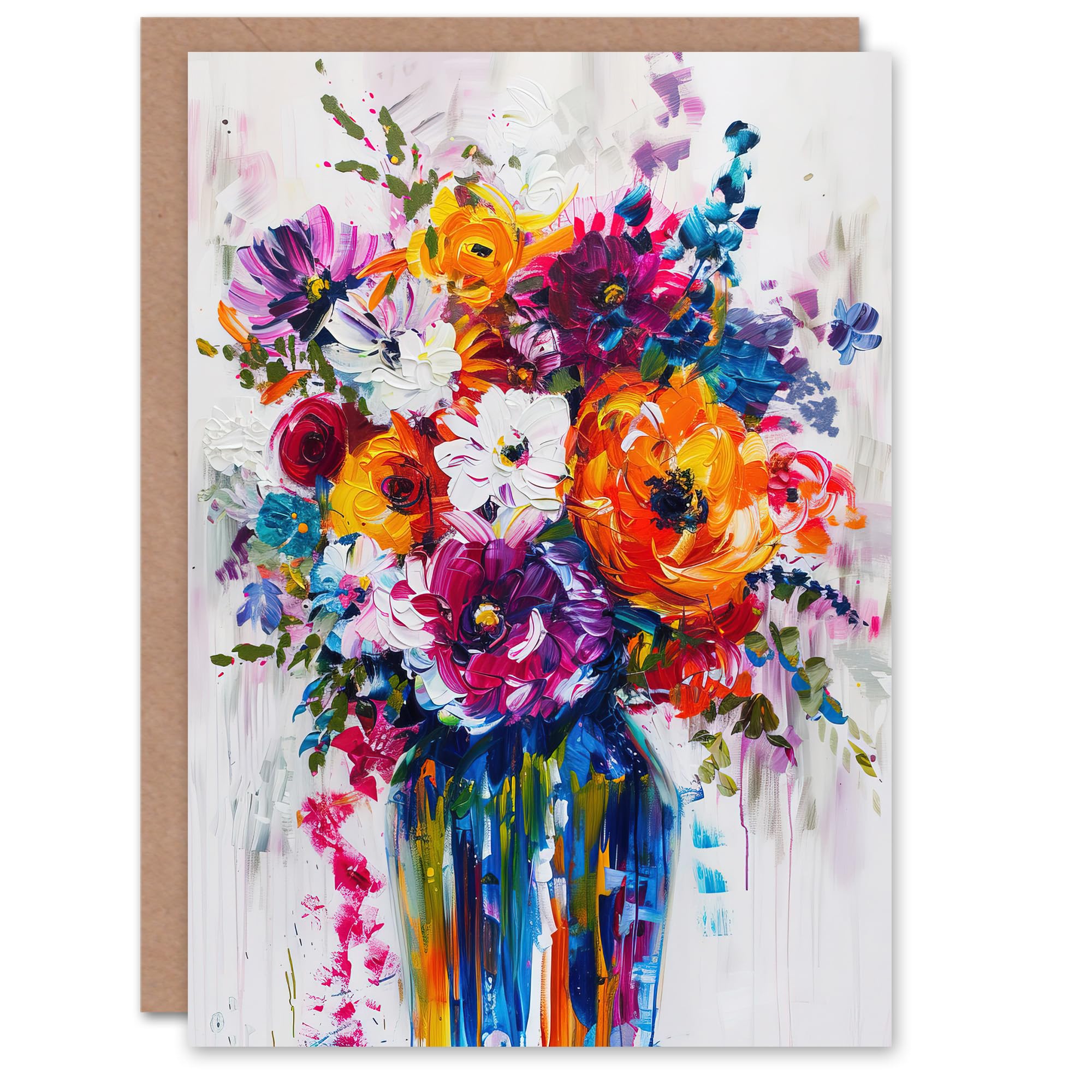 Artery8 Multicoloured Flower Bouquet in Vase Oil Painting Greeting Birthday Card Him Her All Blank