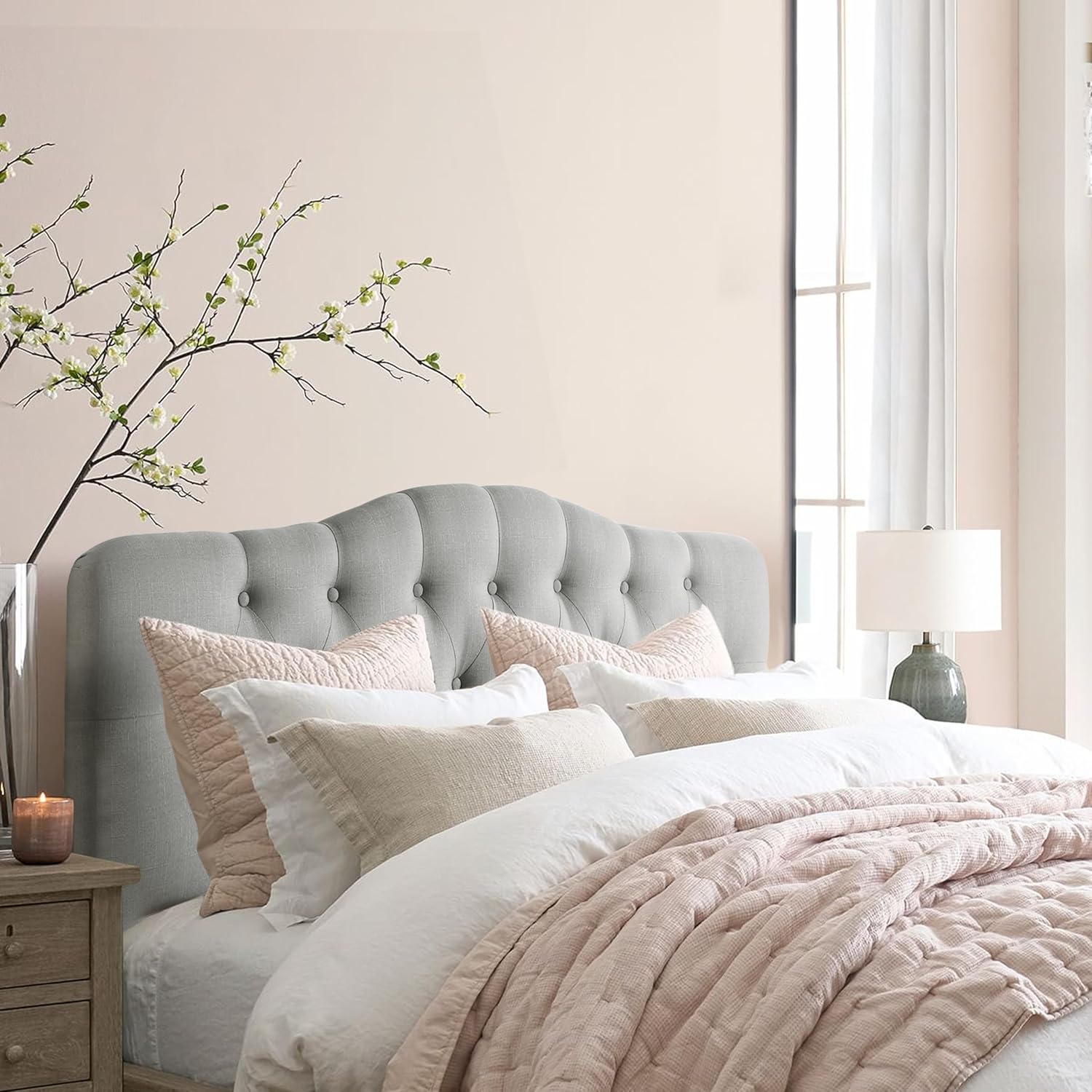 Rosevera Mallory Mid-Century Modern Upholstered Fabric Headboard,Diamond Tufted,Adjustable Height, Solid Wood Leg, Linen Fabric Padded Headboard,Queen,Gray