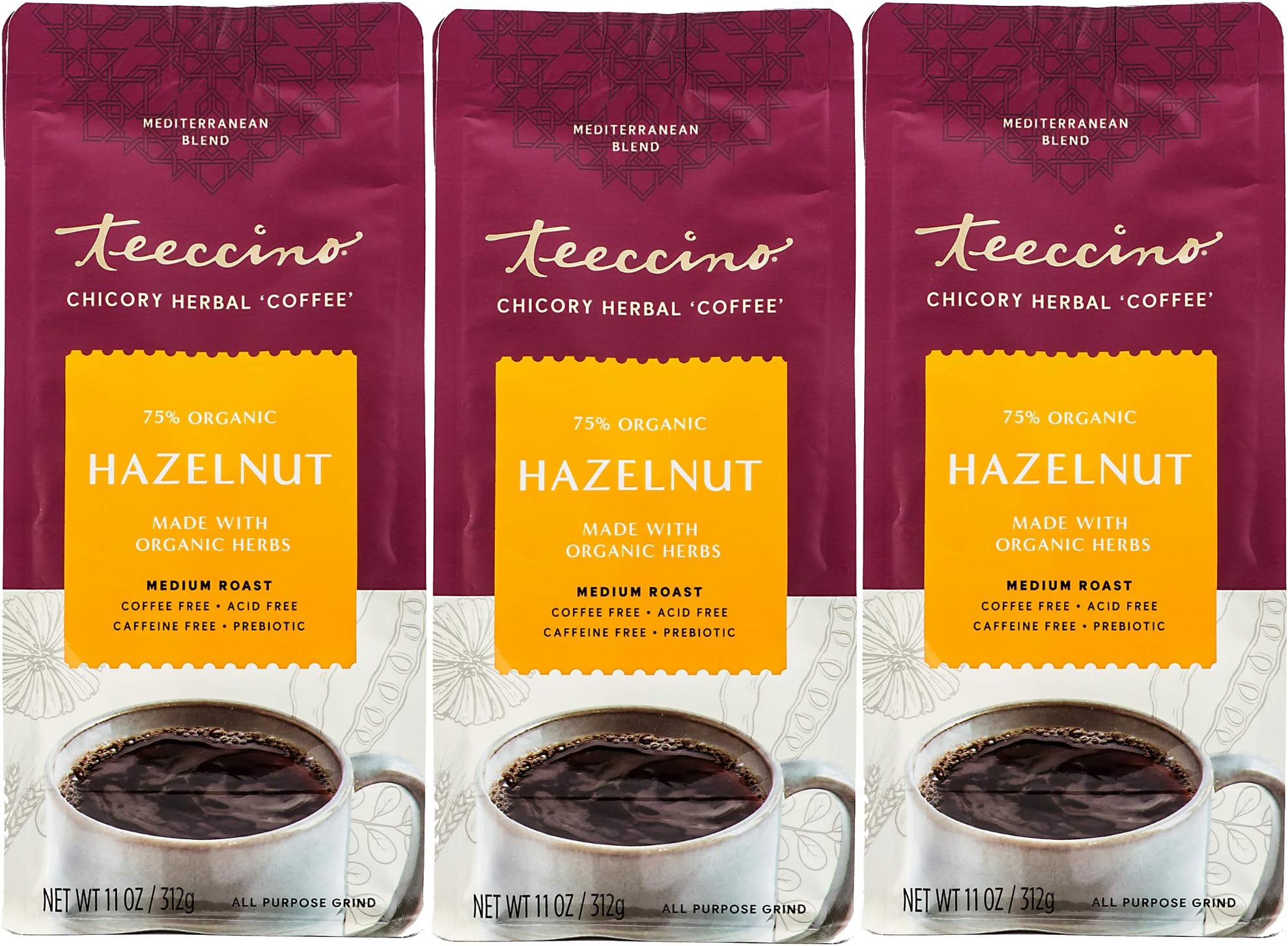 Teeccino Hazelnut Chicory Coffee Alternative - 11 Ounce - Ground Herbal Coffee That’s Prebiotic, Caffeine Free & Acid Free, Medium Roast, (Pack of 3)