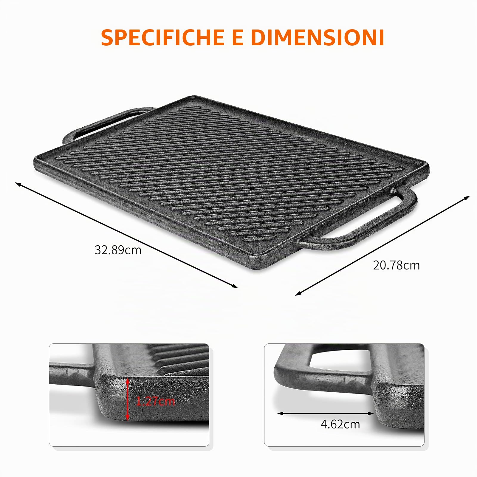 GFTIME Piastre in ghisa 33 x 21 cm per forno, fornelli e grill, piastre in ghisa, reversibili, griglia in ghisa, griglia per cottura e grill 2 in 1, 1 confezione