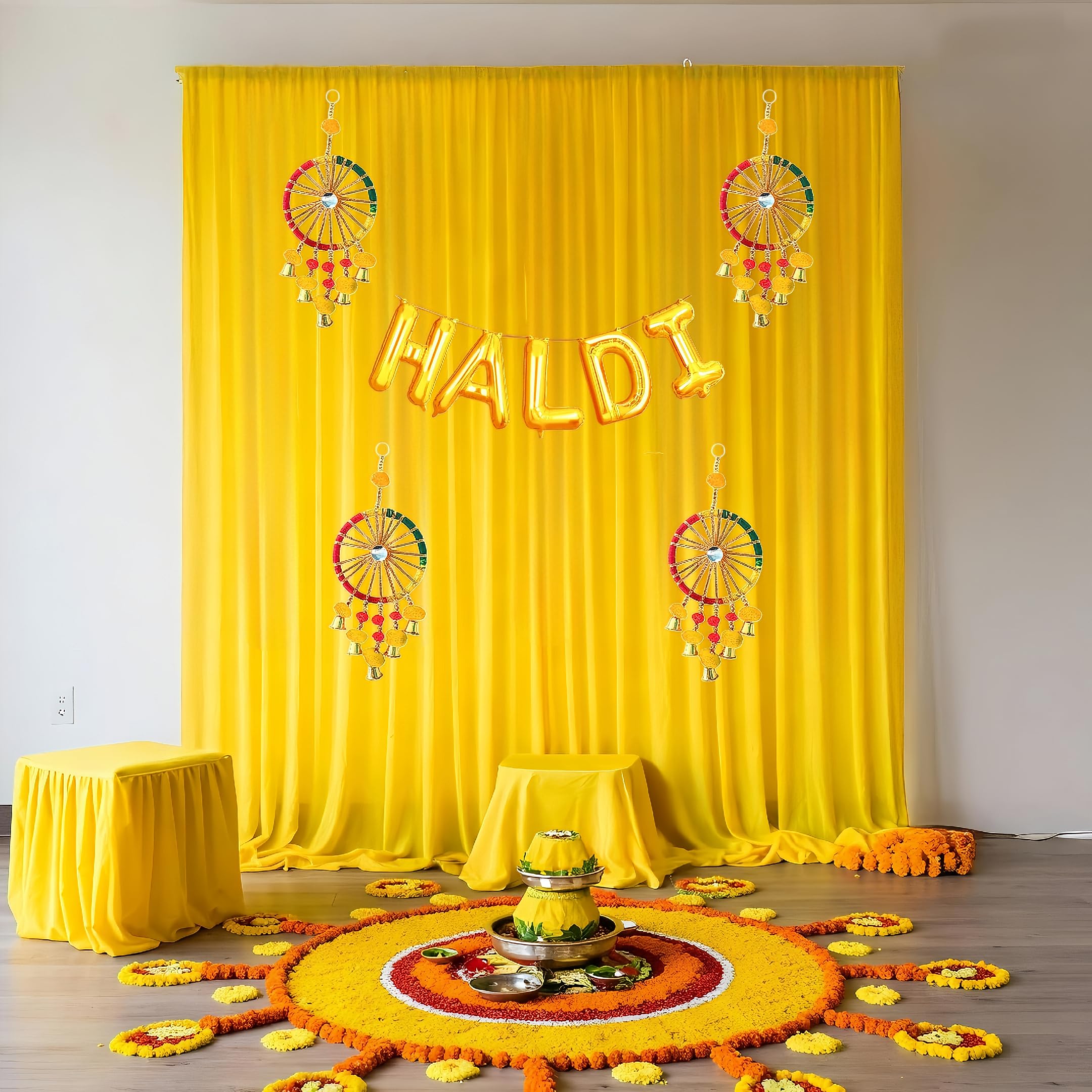 Floroom Yellow Backdrop Cloth for Decoration with Chakra Hangings - 7Pcs Haldi Decoration Items for Home Decor, Haldi Backdrop Decorations Set, Pooja, Wedding Decor (Haldi_36)