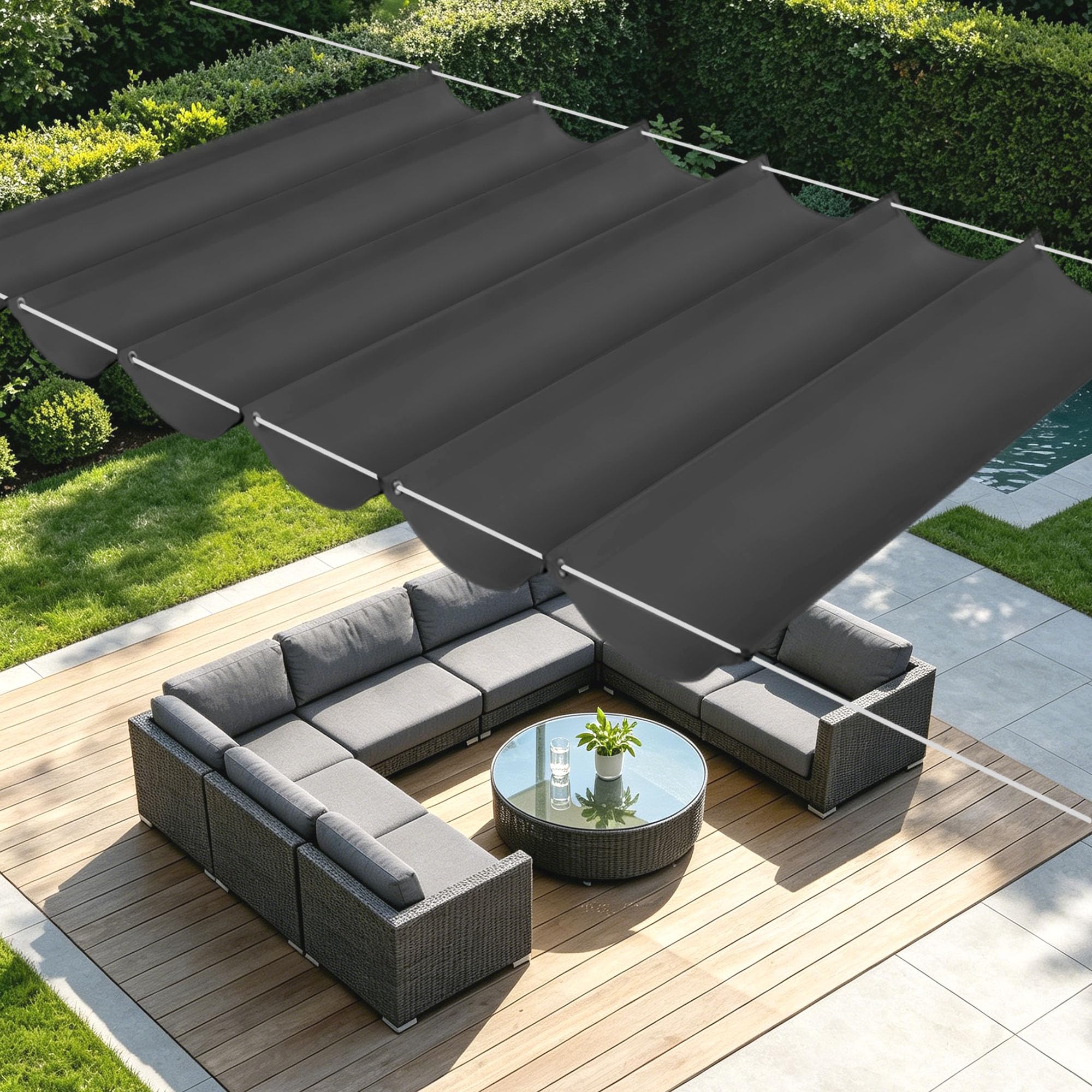 Voile ombrage vague rectangulaire 8x3.8m gris foncé toile de jardin