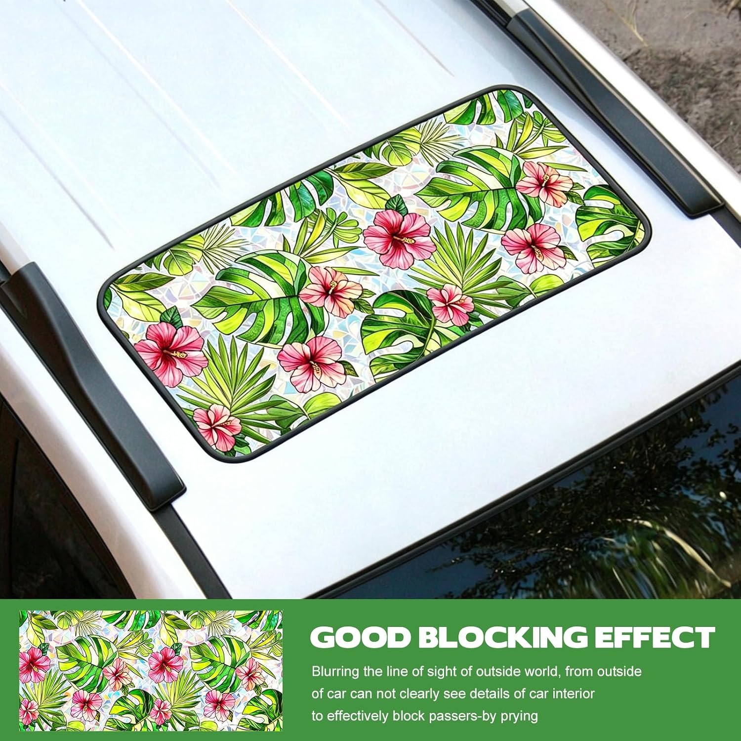 Car Sunroof Stained Glass Window Film, Static Cling Tropical Hibiscus & Monstera Pattern Decorative Privacy Film for Automotive Moonroof, Removable Static Cling Vinyl, 17 x 39 Inch
