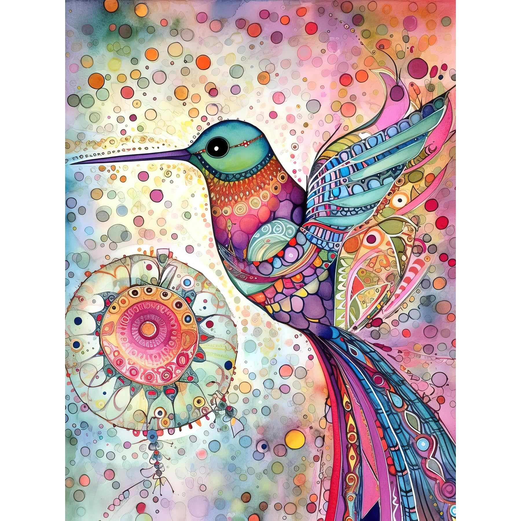Artery8 Hummingbird With Mandala Patterns Colourful Folk Art Watercolour Painting Extra Large XL Wall Art Poster Print