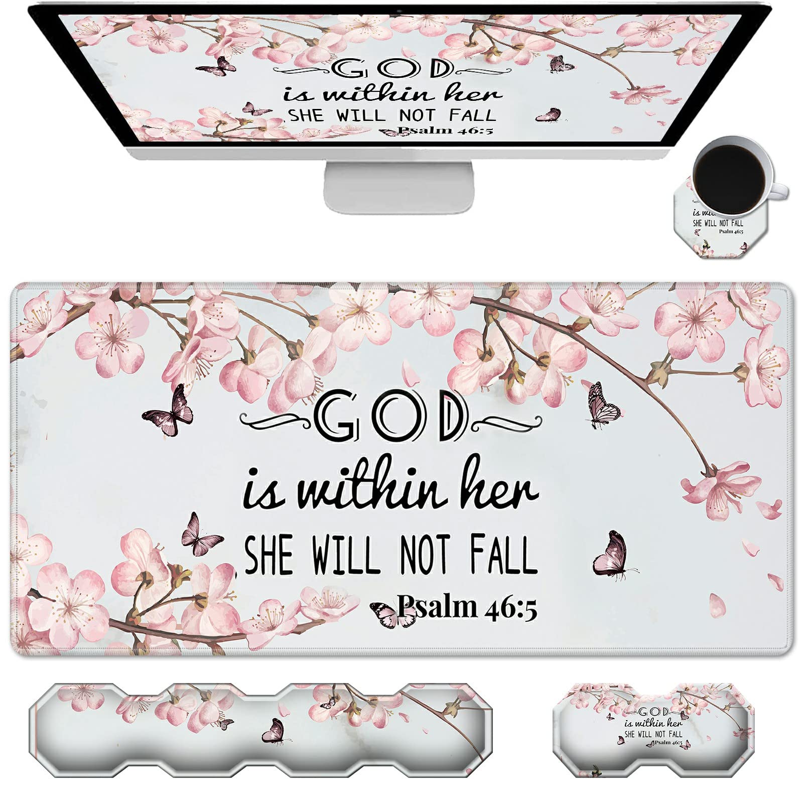 CGFGHHUY Gaming Mouse Pad Wrist Support & Desk Mat(35.4" x 15.7") & Keyboard Wrist Rest & Coasters 4 Pcs Set with Memory Foam Ergonomic Easy Typing