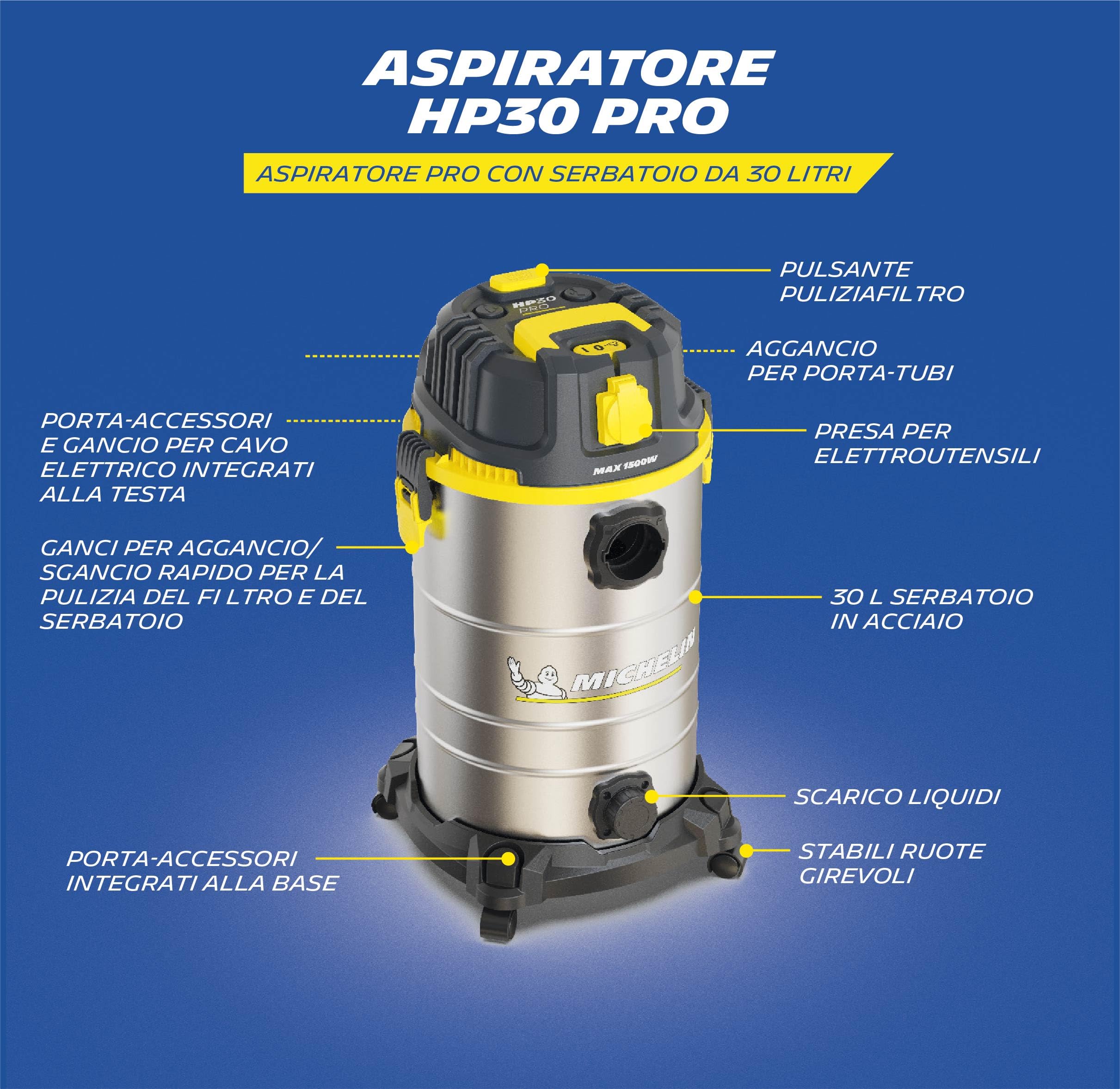 Michelin HP30PRO Aspirador Industrial 30L 1400W - Seco y Húmedo - Depósito INOX - Vibración Mecánica Filtro - Drenaje Líquidos - Cable 4m