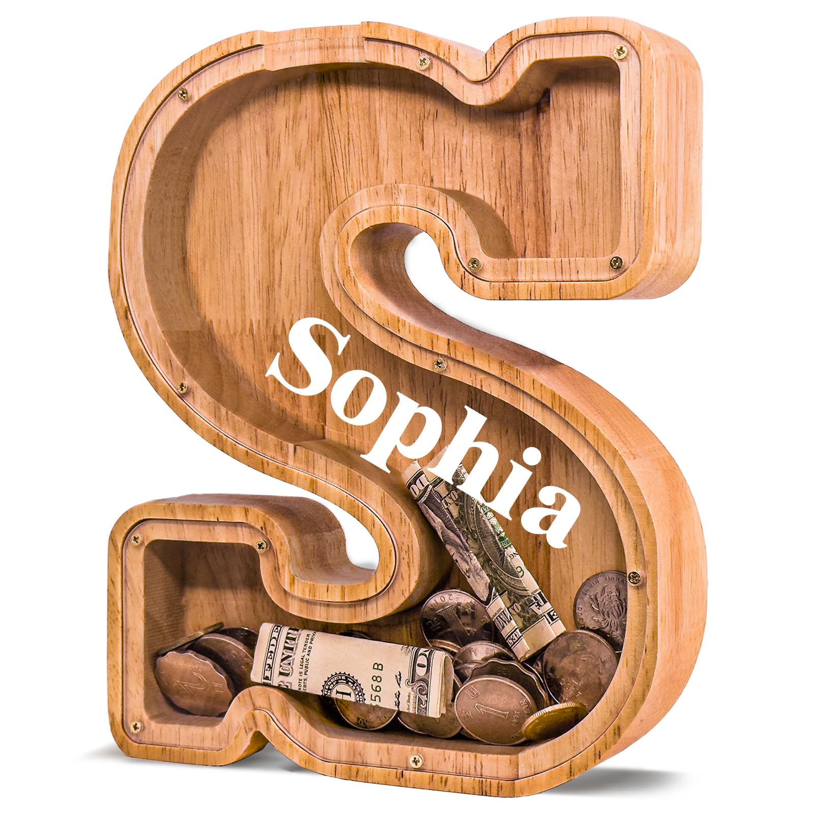JOOMLAFLY Personalized Wooden Letter Piggy Bank for Kids Larger Letter Piggy Bank for Boys and Girls Initial Coin Bank Customized Piggy Bank Perfect Wood Kids Money Bank for Birthday and Festival