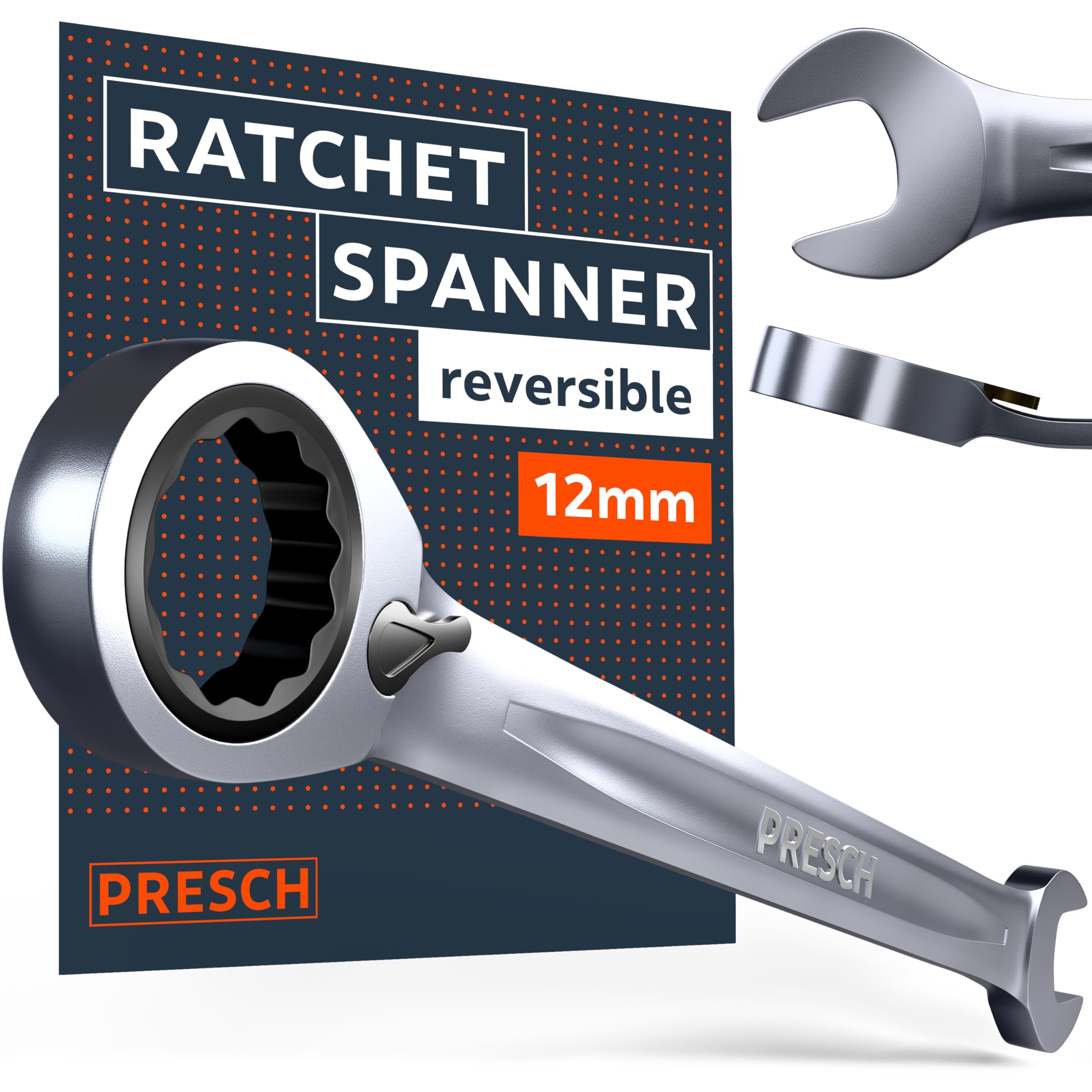 PRESCH Ratchet Spanner Reversible 12mm, Minimal Return Angle (4°, 90 Teeth), 15° Offset for Tight Spaces, Precision-machined