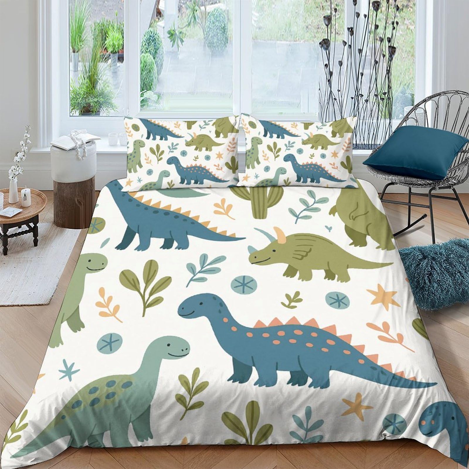 Ctjqhvkz Style-1 3D Printed Dinosaur Forest Fitted Sheet Microfiber Soft Anti-Slip Blue Green Jurassic Bed Cover For Bedroom Guest Room Single（135X200cm）