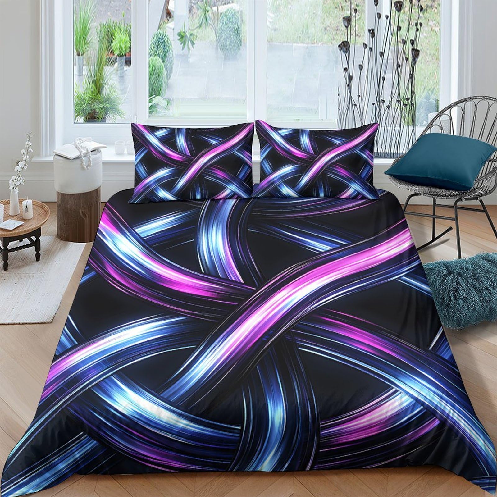GPLZQXKJNH 3D Printed Neon Light Wave Duvet Cover Set Microfiber Soft Breathable Futuristic Twist Bedding Set with 2 Pillowcases for Bedroom Home Decor Single（135x200cm）