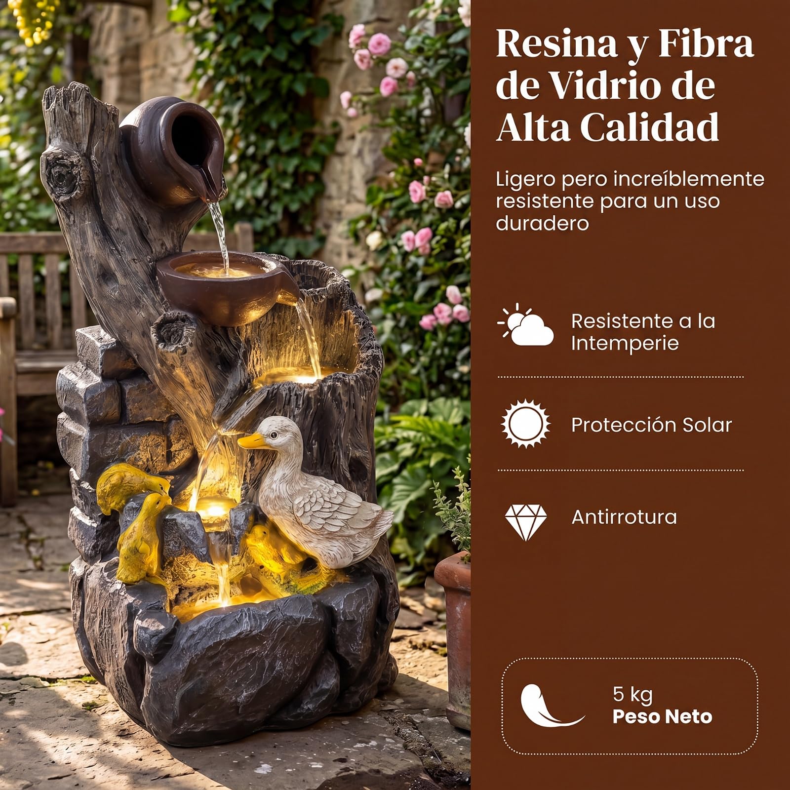 COSTWAY Fuente de Interior y Exterior, Fuente de Agua Decorativa con Iluminación LED, Figuras de Ardillas y Avellanas, Decoración de Resina Relajante para Mesa, Jardín, Patio