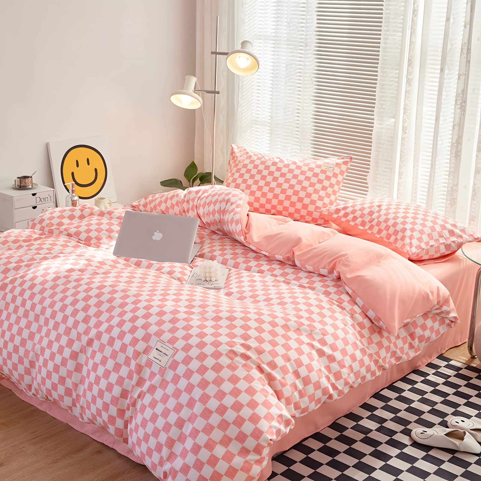 Pink Bedding Grid Plaid Duvet Cover Set Full, Soft 100% Washed Cotton Checkered Duvet Cover Set, 4PCS 1 Quilt Cover+2 Pillow Covers+1 Flat Sheet, Checkered Cover Set Bedding Sets Collections