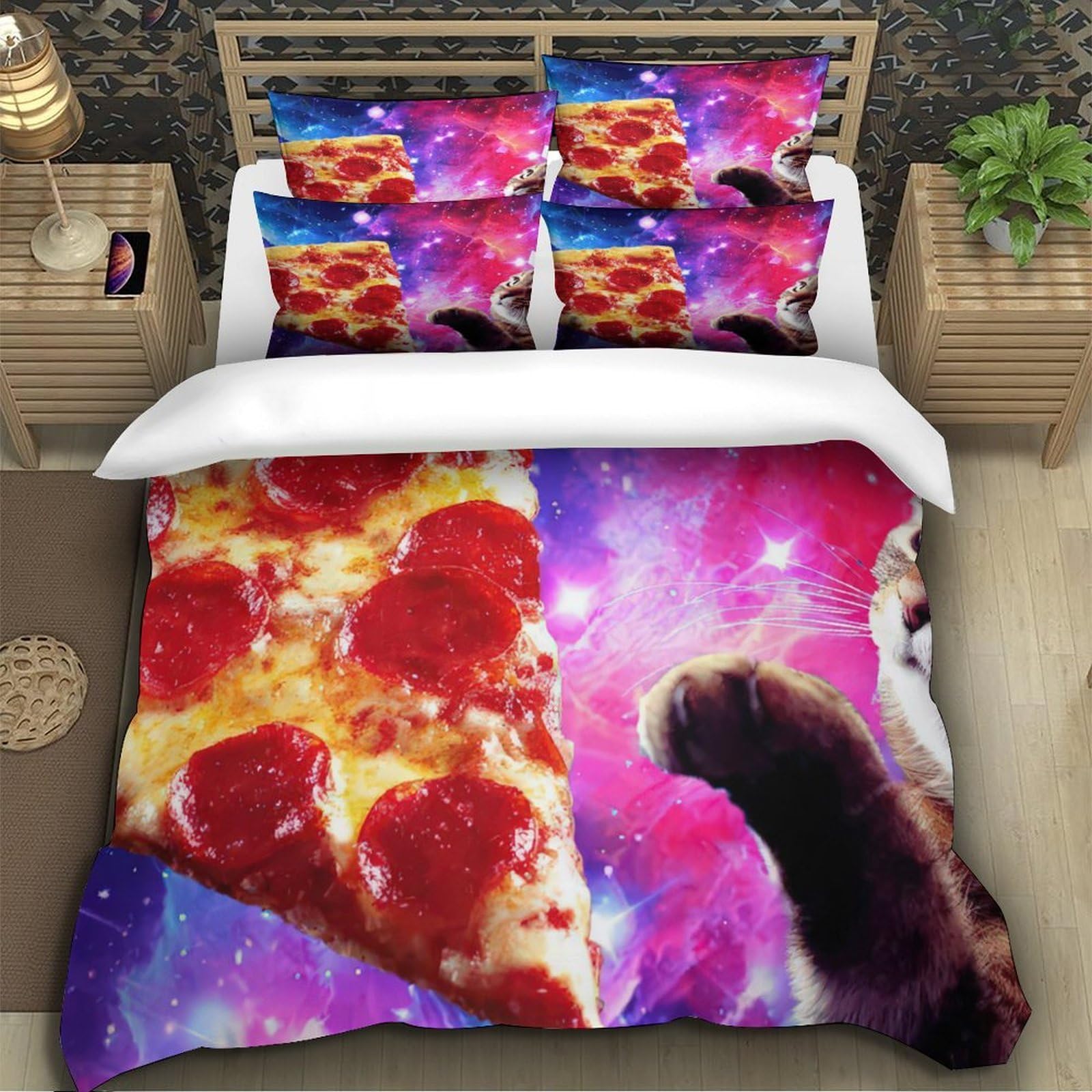 Pepperoni Pizza Bettbezug Mikrofaser 3 Stück Set 3D-Digitaldruck mit Reißverschluss Cosmic Food Kunst Stil Bettdeckenbezug Kuschelig mit Kopfkissenbezug for Fans König（220x240cm）