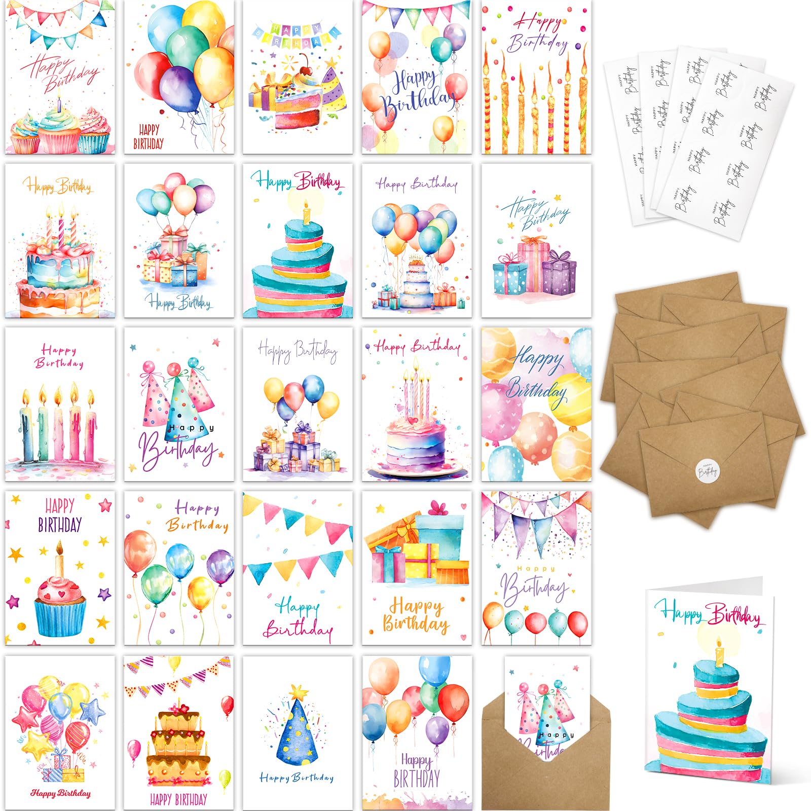 Hierein Birthday Cards, 24 Unique Watercolour Birthday Cards Multipack for Women Girls Kids, Cute Hand-Painted Gifts Greeting Card with Kraft Envelopes & Sealing Stickers
