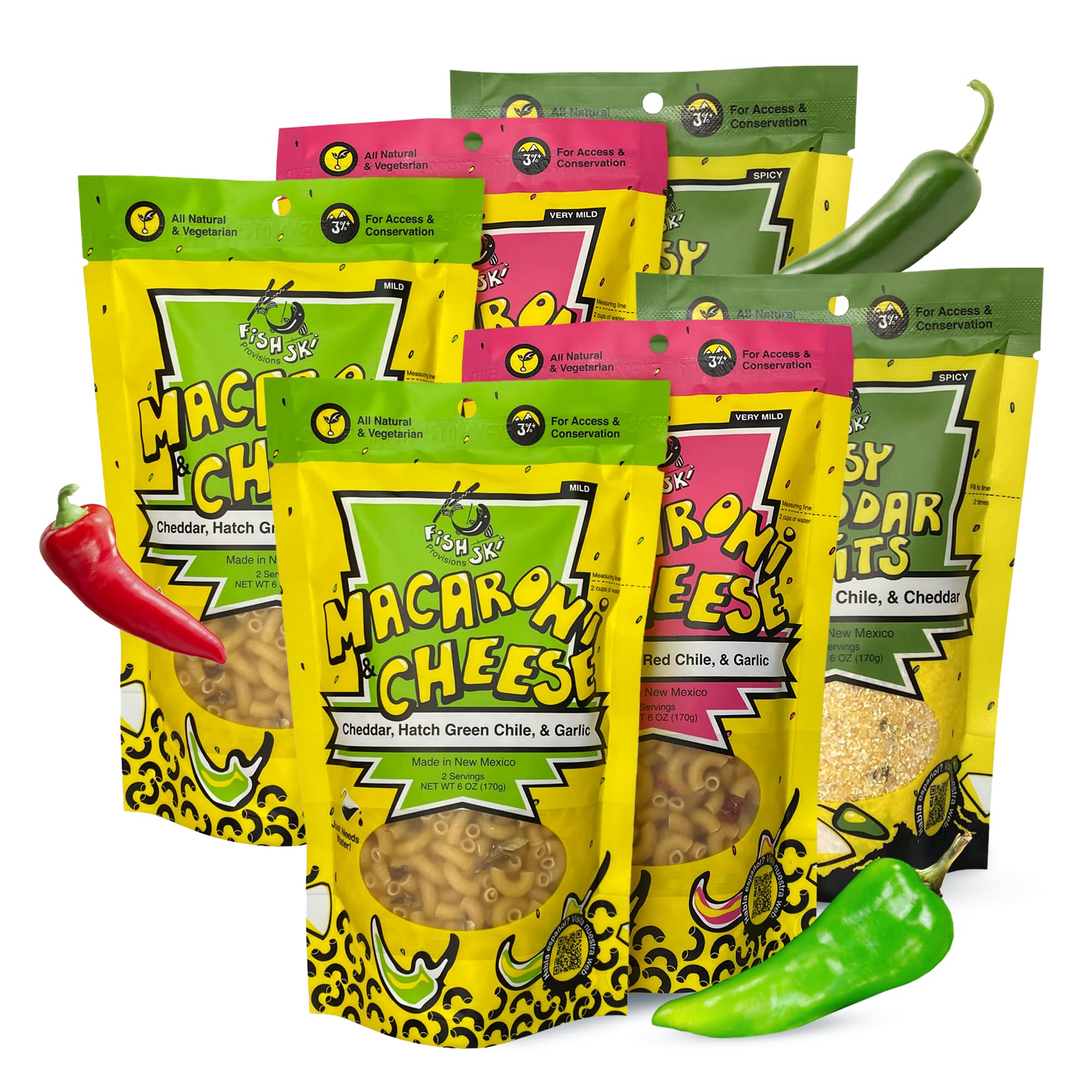 FishSki Provisions Hatch Chile Grits, Mac and Cheese - Just Add Water - Multi Recipe Pack (6 x 6oz Packs)