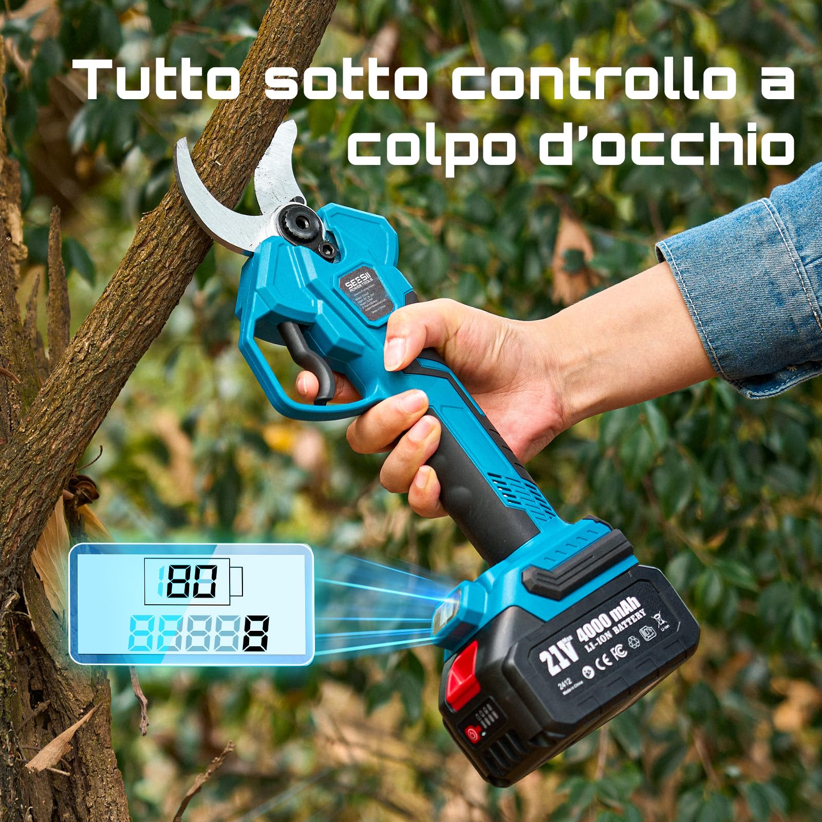SEESII Forbici Potatura a Batteria 40 mm – Forbici Elettriche con 2× 4000mAh Batterie, Lama SK5, Motore Senza Spazzole, Schermo LCD, per Frutteti, Paesaggistica e Giardinaggio Professionale, CS440
