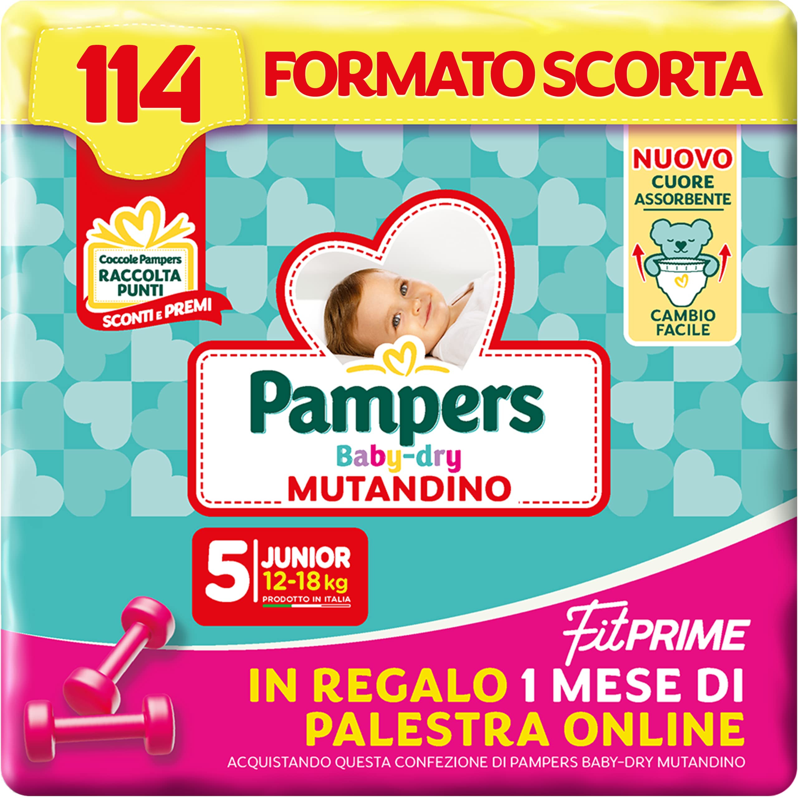 Pampers Baby Dry Höschen & Fit Prime Junior, Vorratsformat, 114 Windeln, Größe 5 (12-18 kg), 1 Monat Online-Fitnessstudio als Geschenk