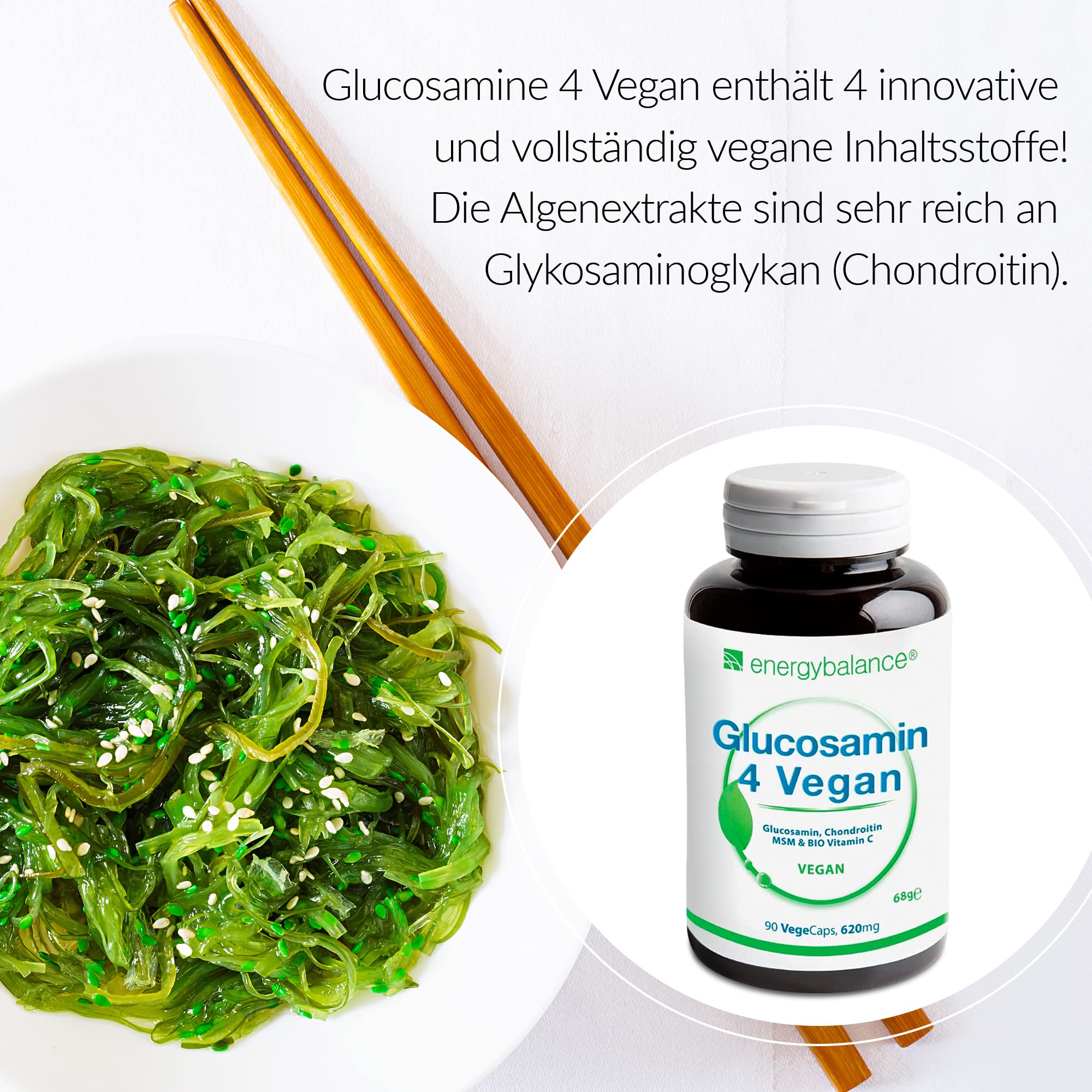 Glucosamin 4 Vegan 620mg pro Kapsel - Vier vegane Inhaltsstoffe in einem zum Wohlbefinden: Glucosamin, Chondroitin, MSM (Methylsulfonylmethan) und Acerola-Vitamin C - 90 Kapseln