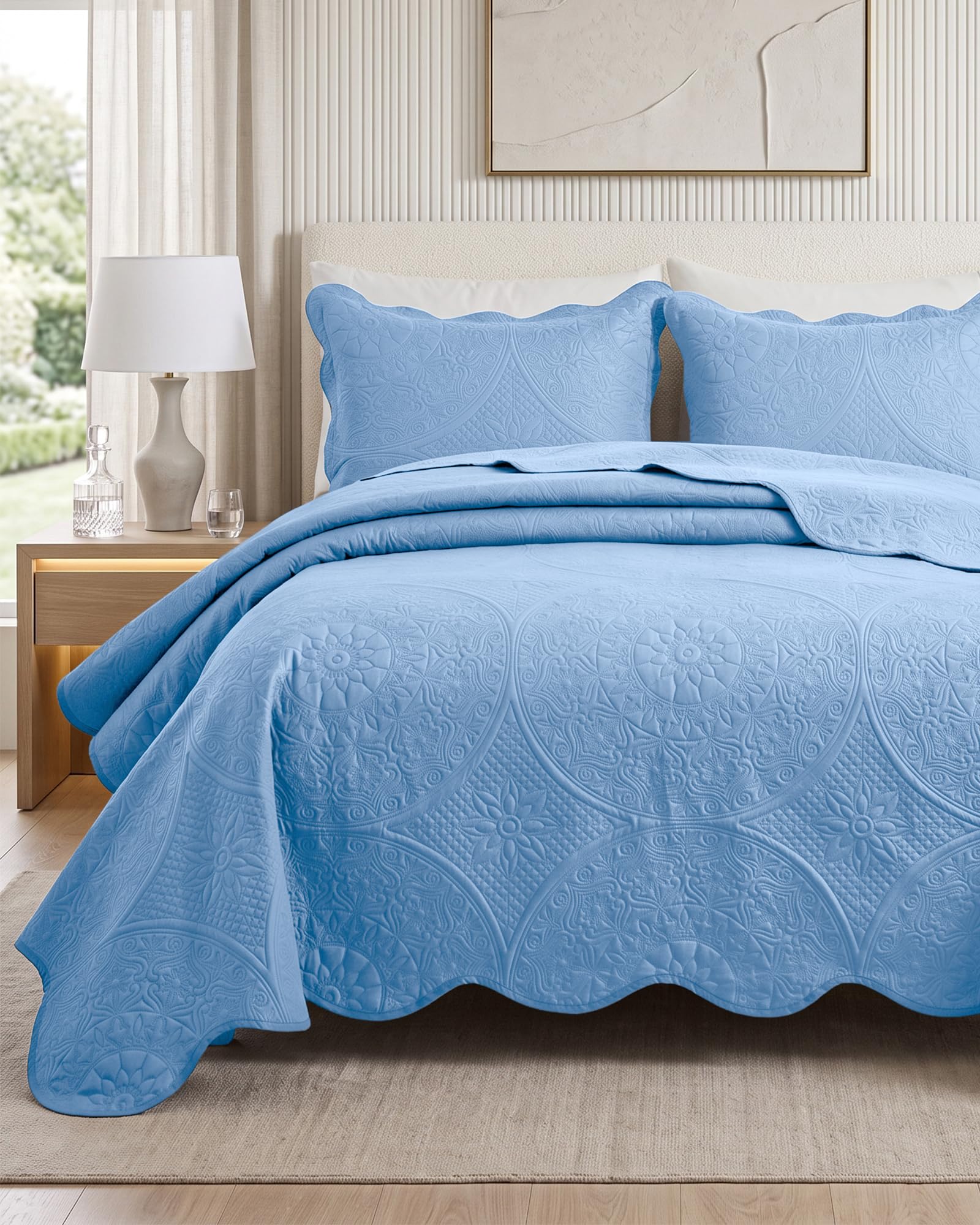 Twin Quilt Set Bedspread Microfiber Bedding Floral Light Blue 68x86