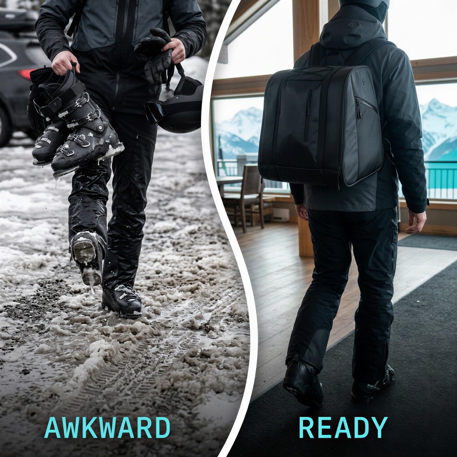 Skischuhtasche, 15,7 x 13,0 x 15,7 Zoll Snowboardstiefel-Rucksack mit wasserfestem Boden, Inlineskates-Tasche für Helm, Brille und Ausrüstung, Mehrtaschen-Reiserucksack für Damen und Herren