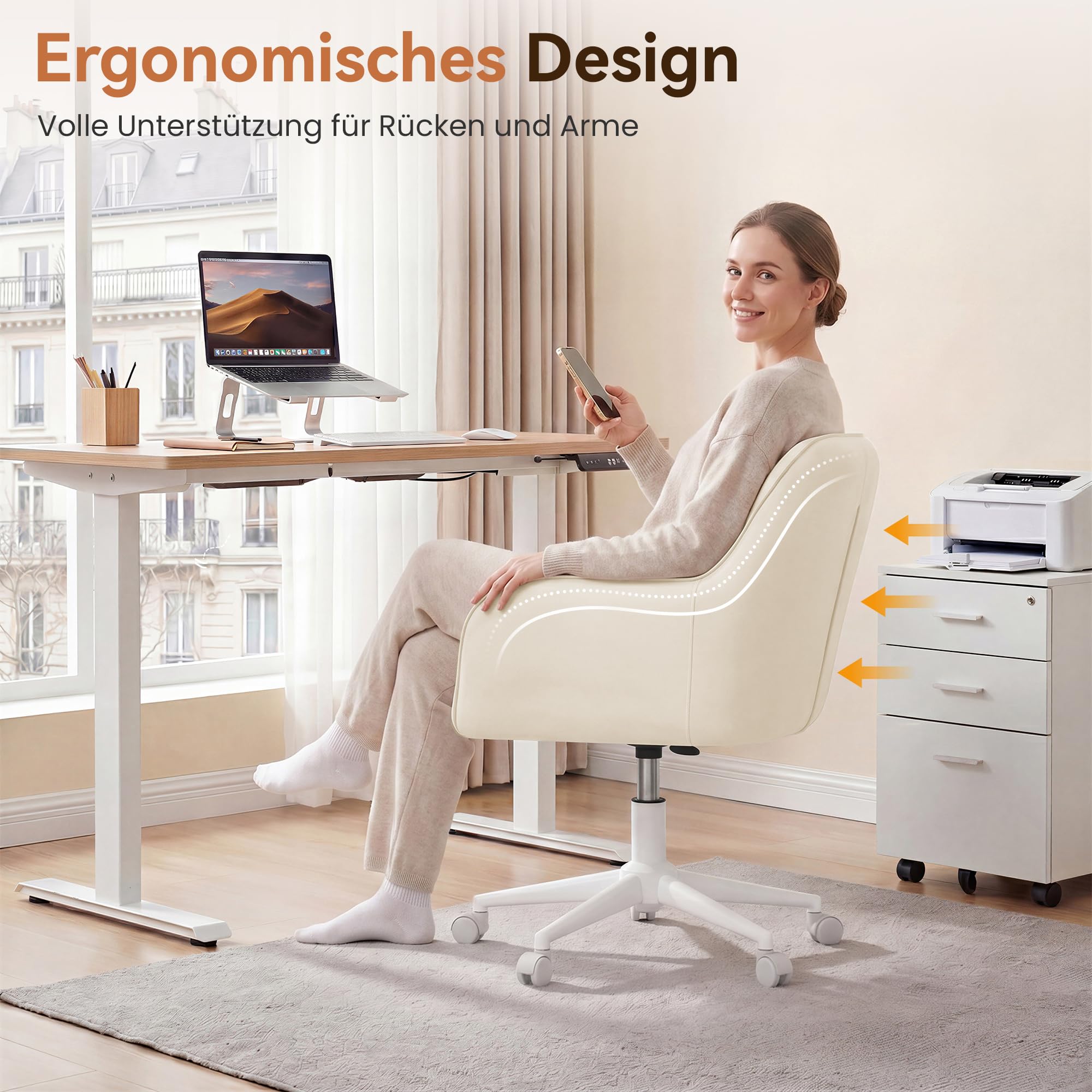 YOUDENOVA Schreibtischstuhl, Drehstuhl mit Rollen, Schminkstuhl Höhenverstellbar, Homeoffice Stuhl, Bürostuhl Ergonomisch, Vanity Chair für Mädchen Arbeitszimmer Schlafzimmer Büro, Samt Beige