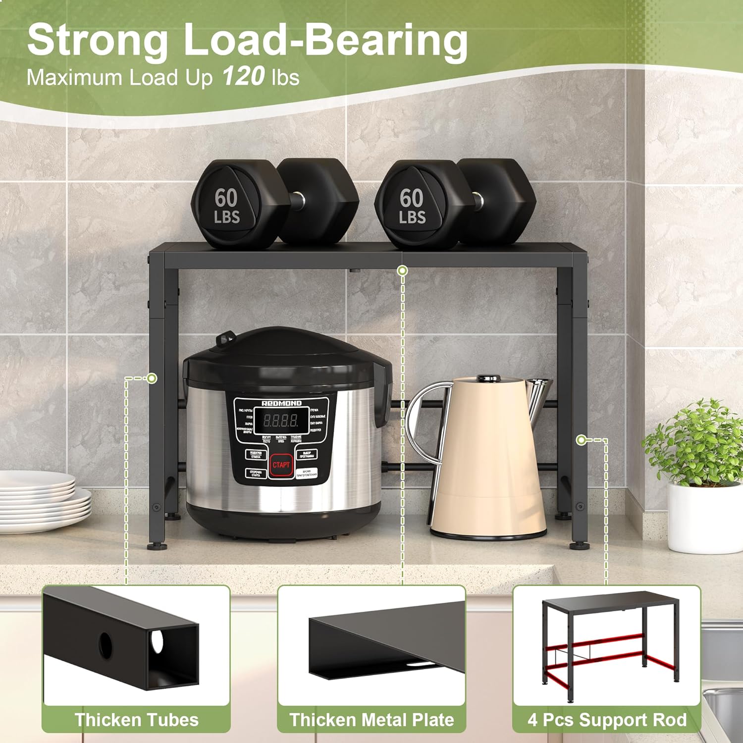 Expandable-Metal-Storage-Shelves-For-Pantry Kitchen Garage, 120lbs Heavy Duty Shelving Units For Small Appliance For Countertop Cabinets, Adjustable Shelf Organizer Riser Rack For Closet Warehouse