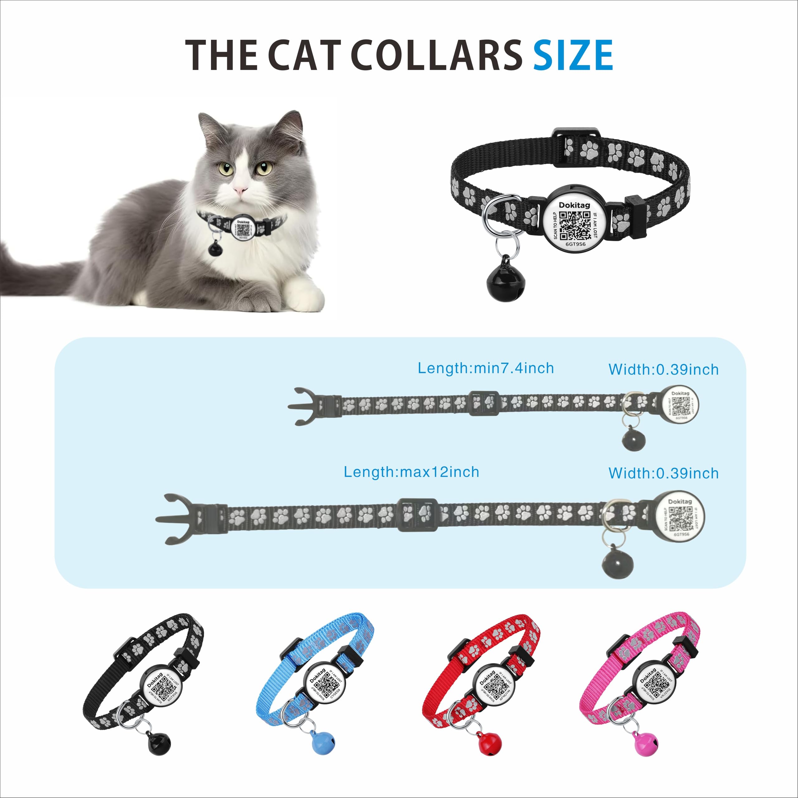 Collar reflectante para gato con etiqueta de identificación de mascotas, collares de gato separables, collar de gato con etiqueta de nombre de código QR, collar de gato con campanas, escanea QR