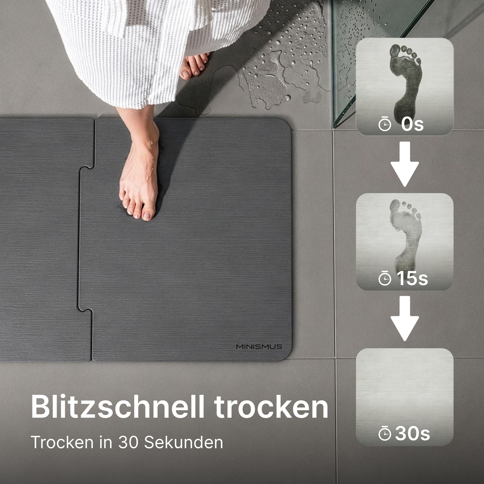 Minismus Badematte Diatomit Puzzle Schnelltrocknend, Dunkelgrau 80x50cm | Diatomit, Duschvorleger schnelltrocknend, saugfähig, rutschfest, modular erweiterbar, XL-Größe, für Bad und Dusche
