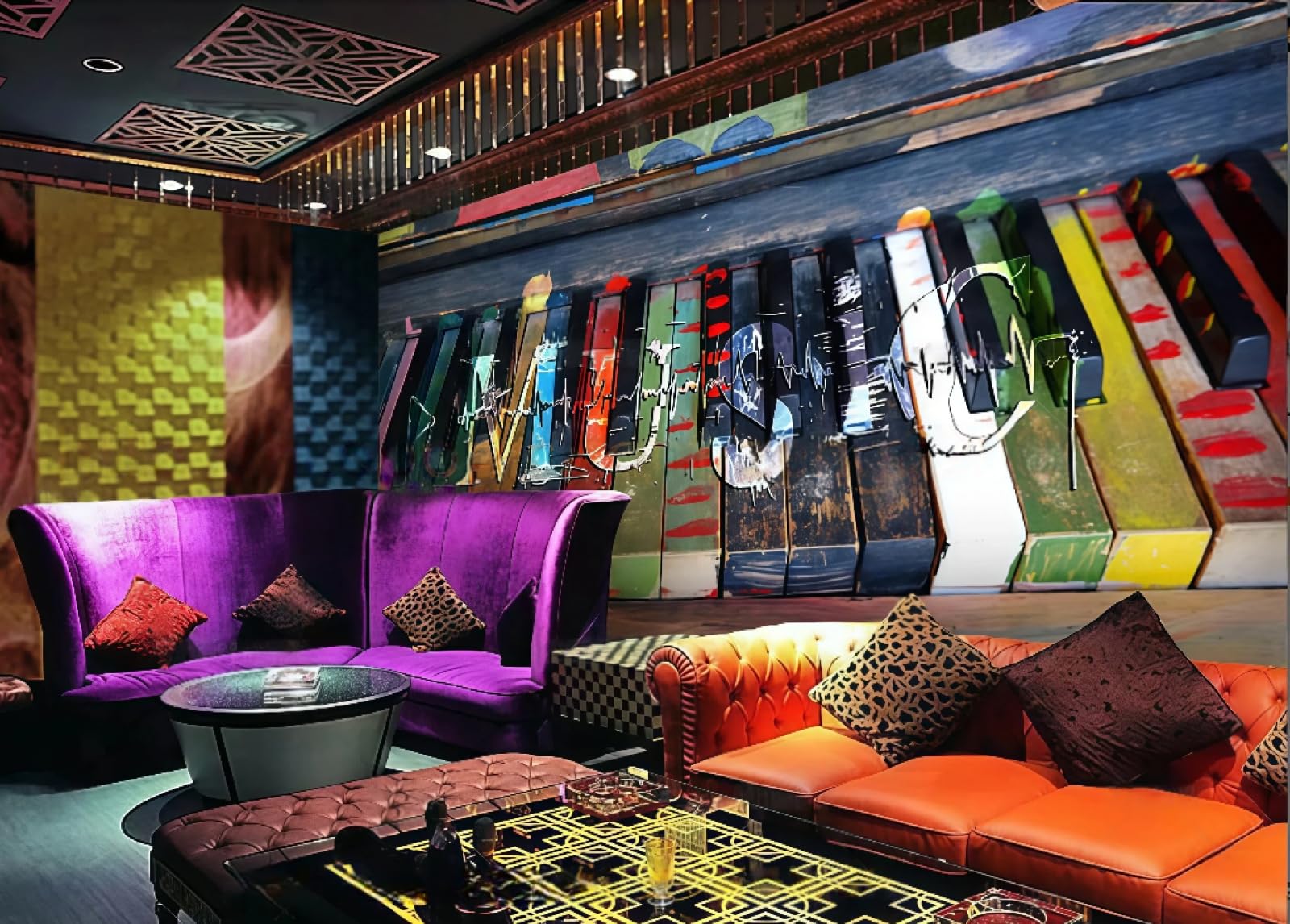 Tapeta Trójwymiarowa Kolor Klawisze Fortepianu Napis Muzyczny Motyw Bar Zachodnia Restauracja Tło Fototapeta Popołudniowa Herbata Kawiarnia Tapeta, 3D, 250x175cm