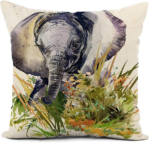 Miniatura 2 de Juego de 4 fundas de almohada de lino con diseño de elefante, color negro, 16.0 x 16.0 in
