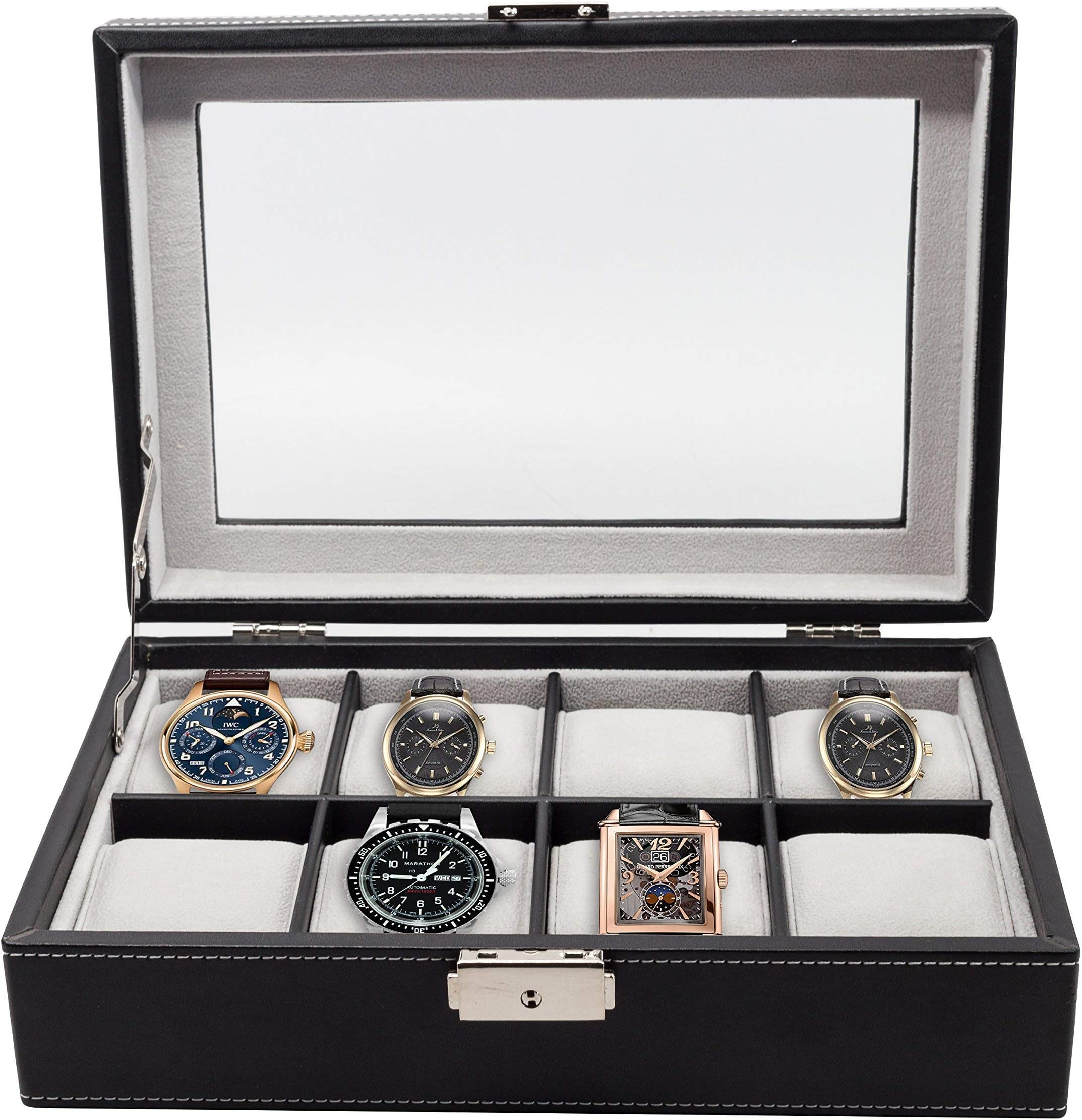 Elegant XL Oversized Extra Large Watch Display Case and Storage Organizer Box for up to 65 MM Watches with Glass Top and Large Pillows Father's Day Gift