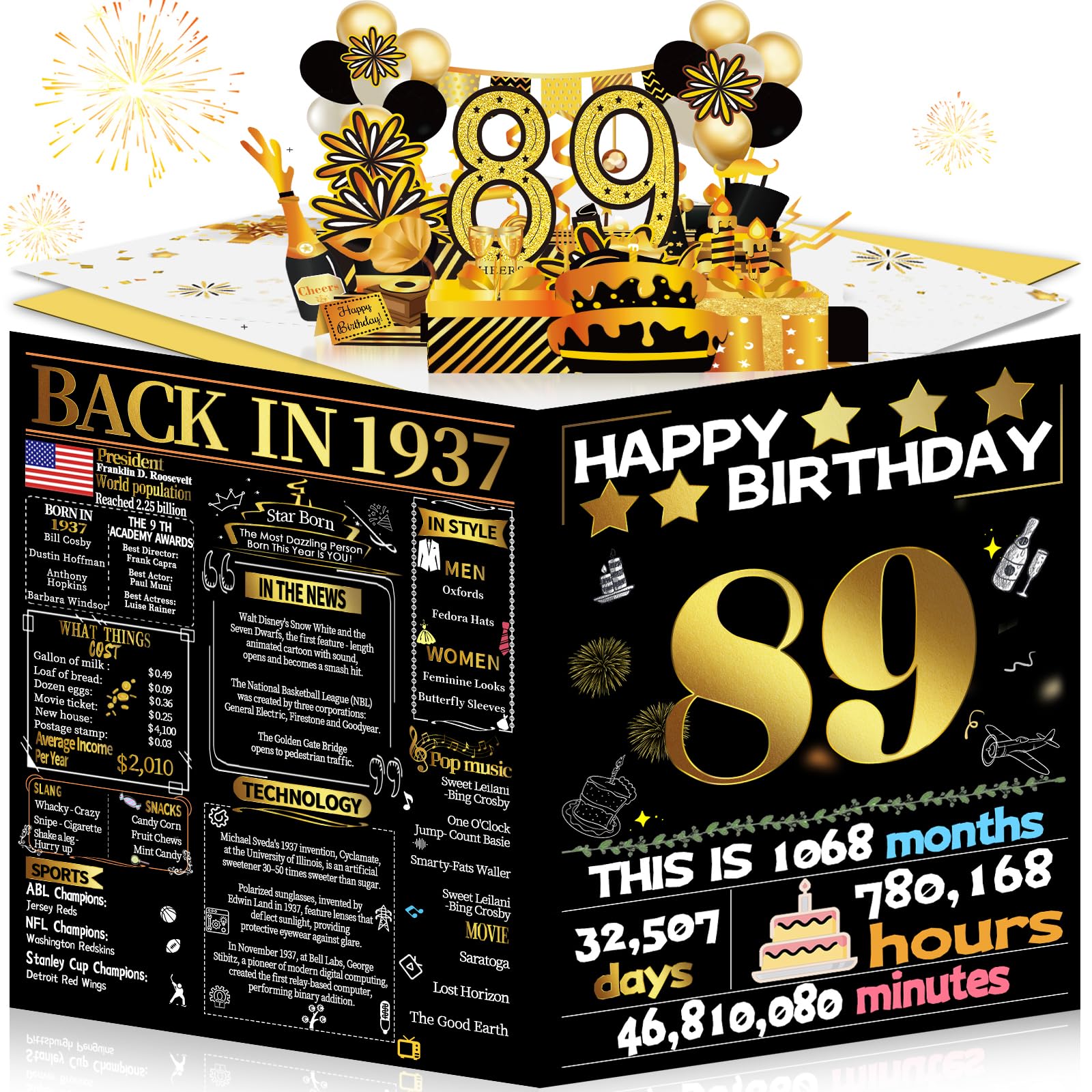 Joycard 89th Birthday Card for Women Men, 3D Pop Up Happy Birthday Gift for Grandpa Grandma, Funny 89 Year Old Birthday Decorations for Mother Dad, Back in 1937 Laser Gold Retro Theme