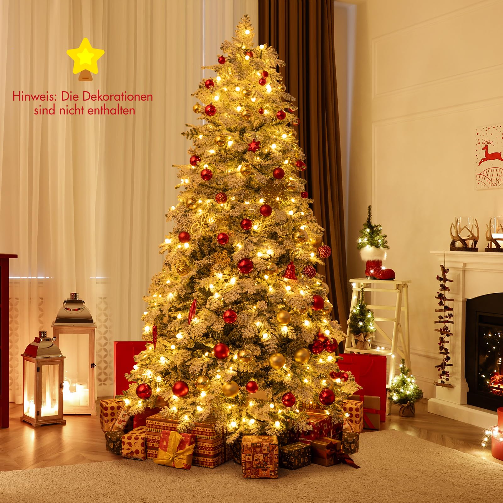 COSTWAY 210 cm Künstlicher Weihnachtsbaum mit Beleuchtung und Schnee, Tannenbaum mit 160 funkelnden Kugeln, warmweißen LED-Lichtern, 8 Lichtmodi & Metallständer, Christbaum, Kunstbaum Weihnachten