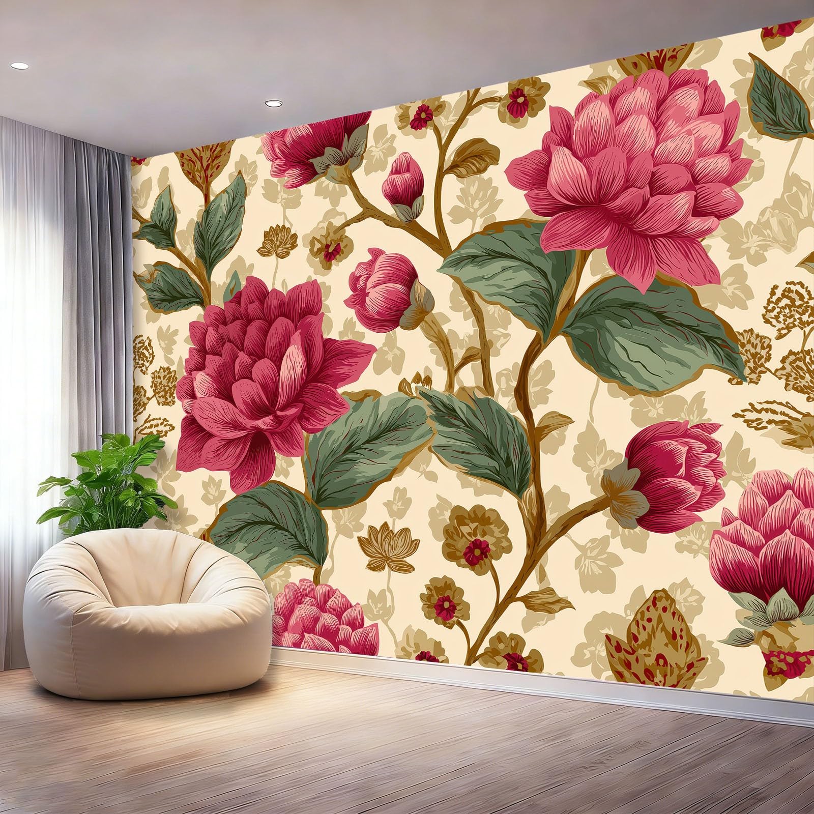 Fototapeta Retro Kwiatowy Liść Różowy Kremowy Tapeta Włóknina Dekoracja Salon Sypialnia Biuro, 300 x 210 cm