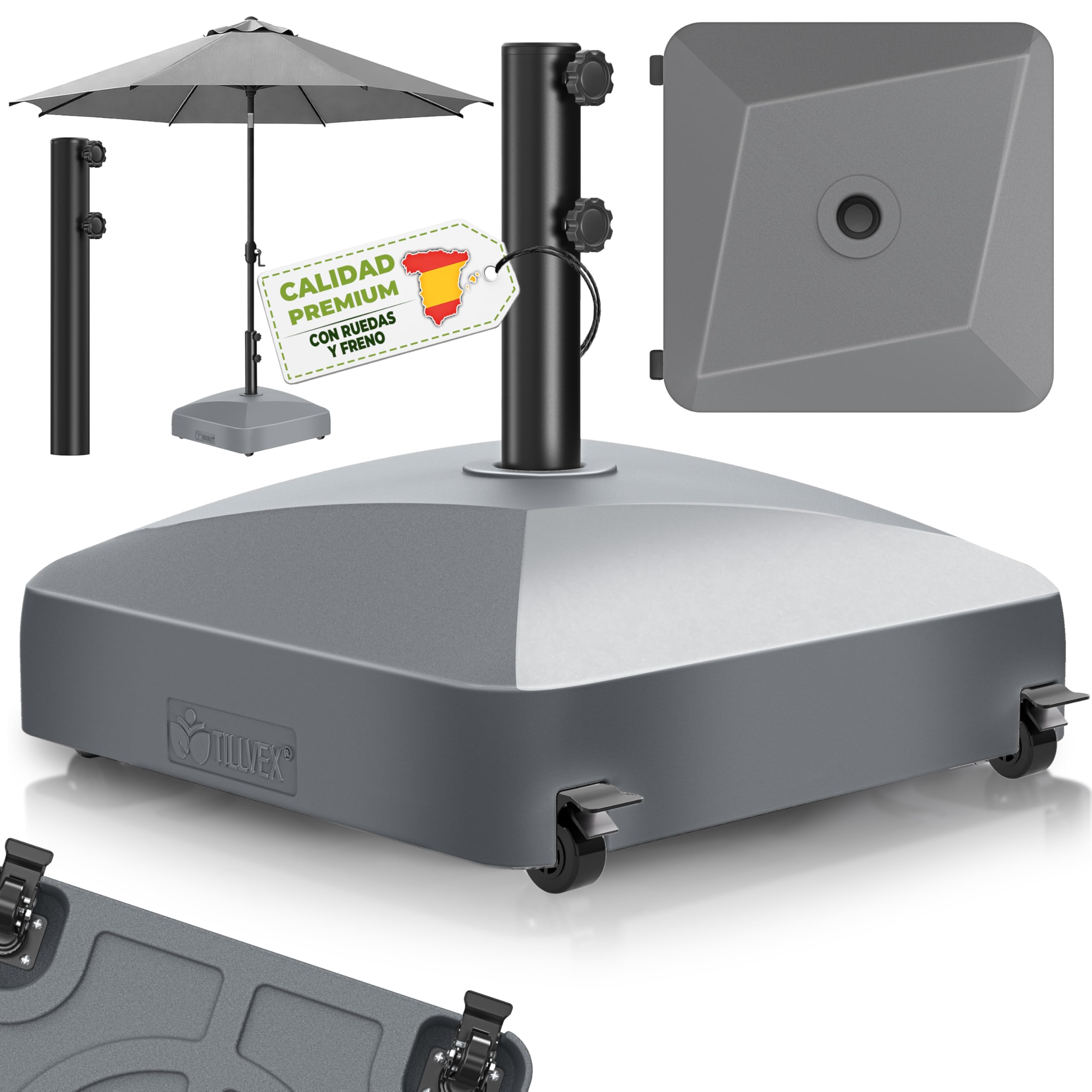 tillvex® Base de sombrilla GRAVIA con Ruedas y Frenos | Soporte de lastre rellenable 37L / 56kg | Pie para Parasol y sombrilla de Mercado Ø 1,8-3,7m | Resistente a la Intemperie y UV (Gris) — view 10