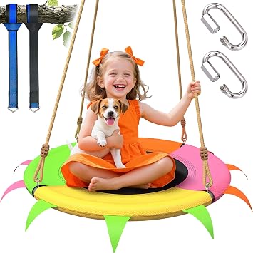 Saucer Swing for Kids Outdoor - 400lb Heavy-Duty Tree Swing with Adjustable Straps & Ropes, Weather-Resistant Outdoor Seat Child-Safe, Vibrant Colors