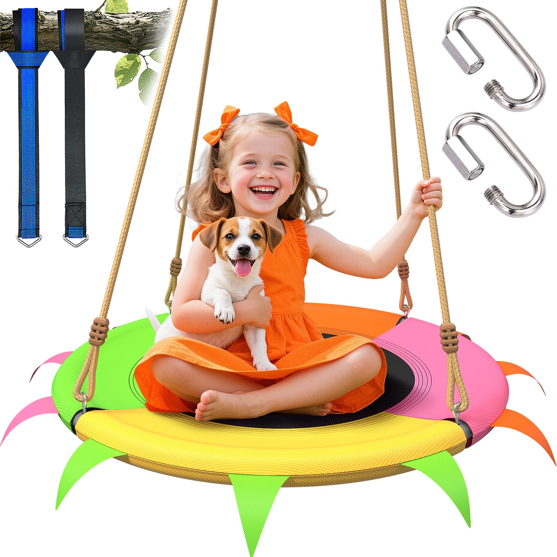 Saucer Swing for Kids Outdoor - 400lb Heavy-Duty Tree Swing with Adjustable Straps & Ropes, Weather-Resistant Outdoor Seat (Child-Safe, Vibrant Colors)
