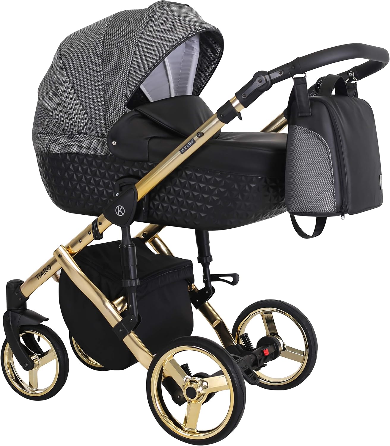 Kunert Tiaro Premium 2-in-1 Stroller with bassinet attached, viewed from the front-side, showing the gold frame and wheels.