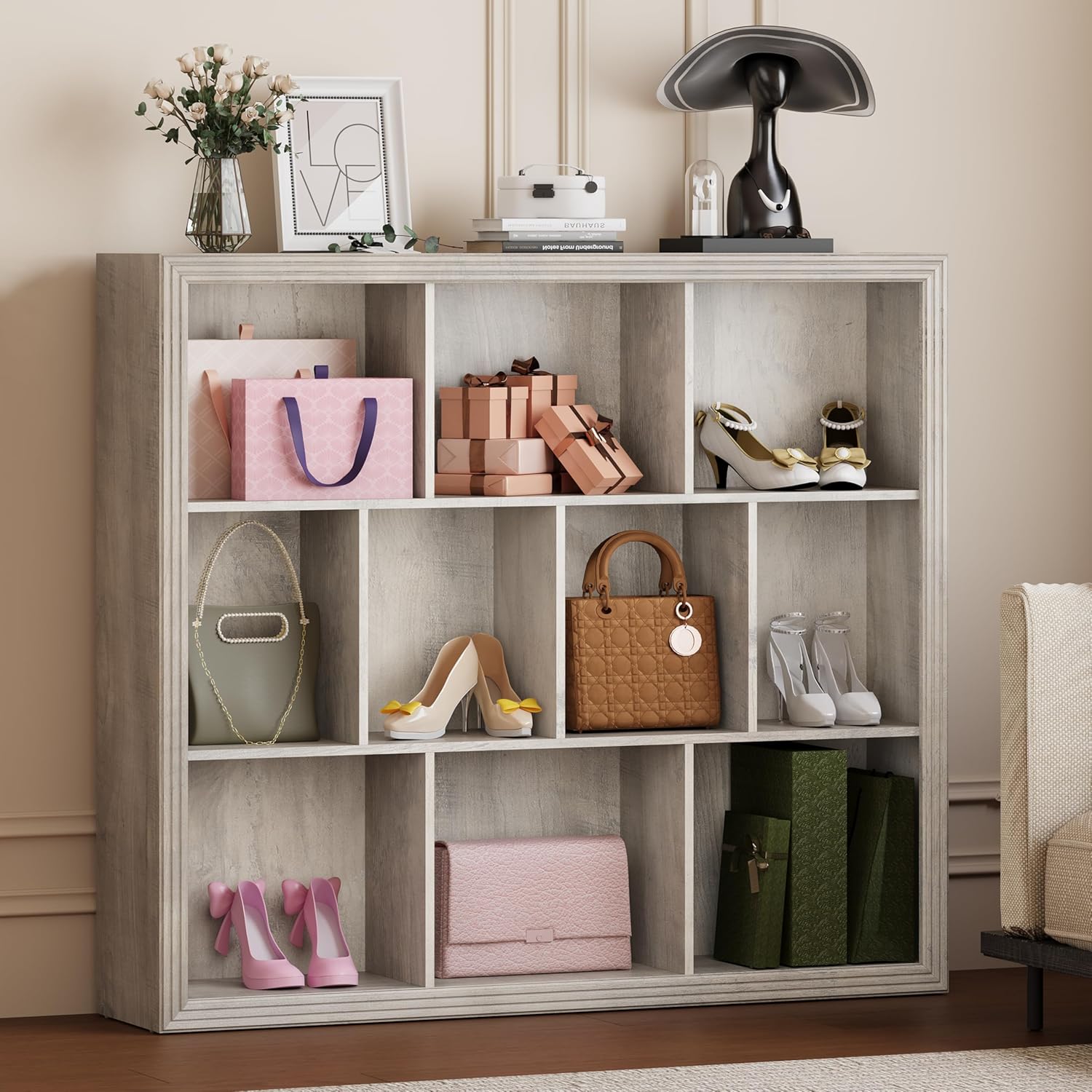 Wooden 10-Cube Storage Organizer, 3-Tier Bookshelf, Wood Grey Bookshelf, Bookcase, Cubical Storage Shelf with 3 Removable Back Panels for Bedroom Home and Office