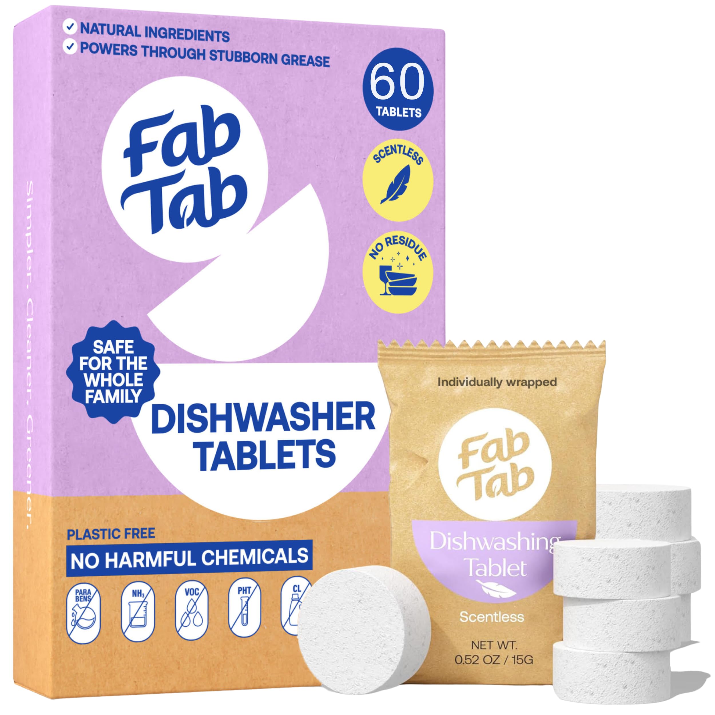 Fab Tab Eco-Friendly Dishwashing Tablets - Plastic-Free, Organic, Plant-Based, Non-Toxic Dishwasher Detergent - 60 Biodegradable Tablets