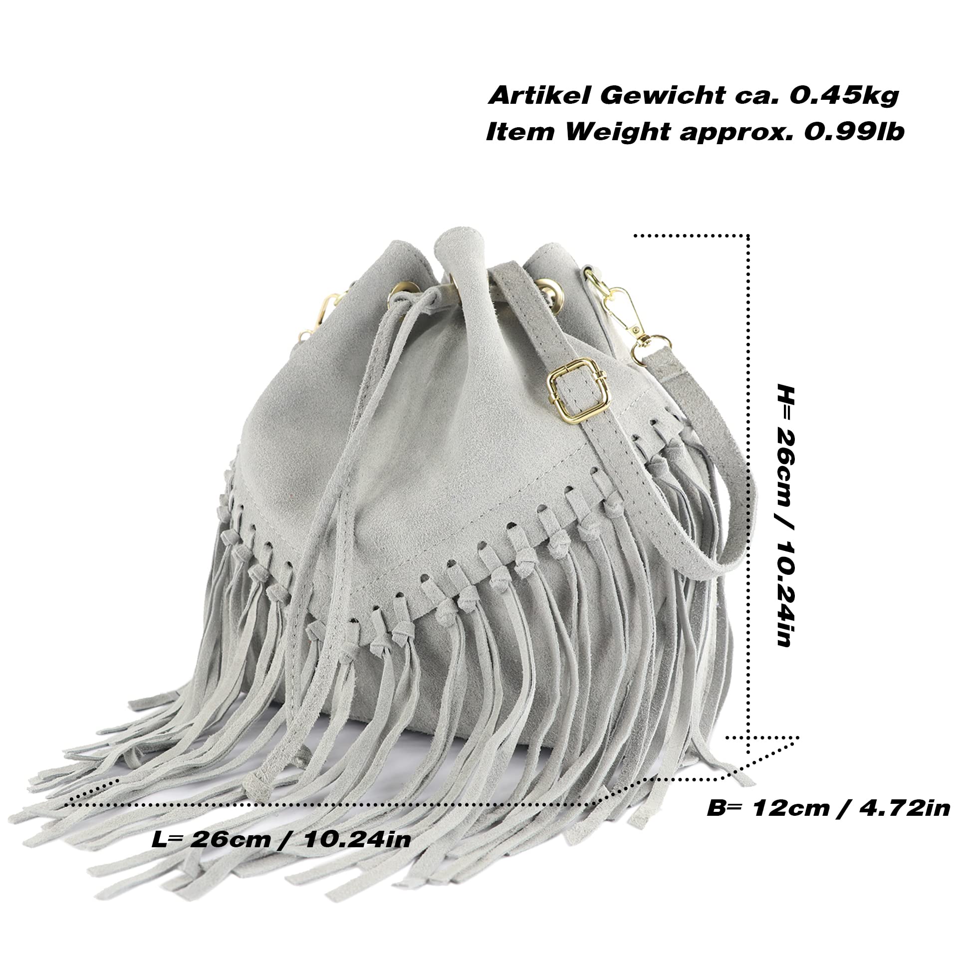modamoda de T239 - Bolso bandolera para mujer de ante con flecos, fabricado en Italia