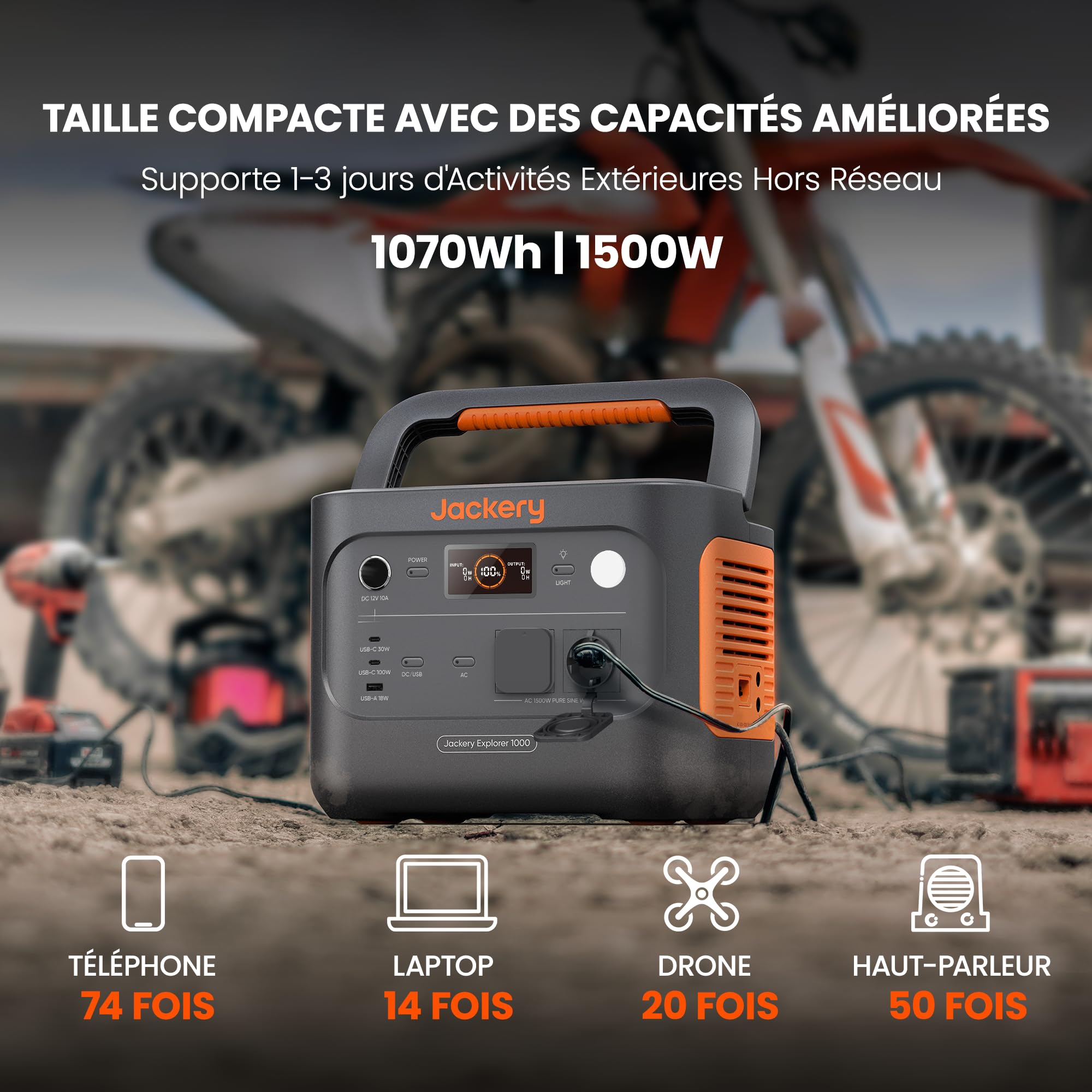 Station Électrique Portable Jackery Explorer 1000 v2, 1070Wh Batterie LiFePO4, 1500W Sortie, 6 Ports CA/CC USB-C/A, Charge Rapide 1H, Générateur Solaire pour Plein Air, Camping, Urgence