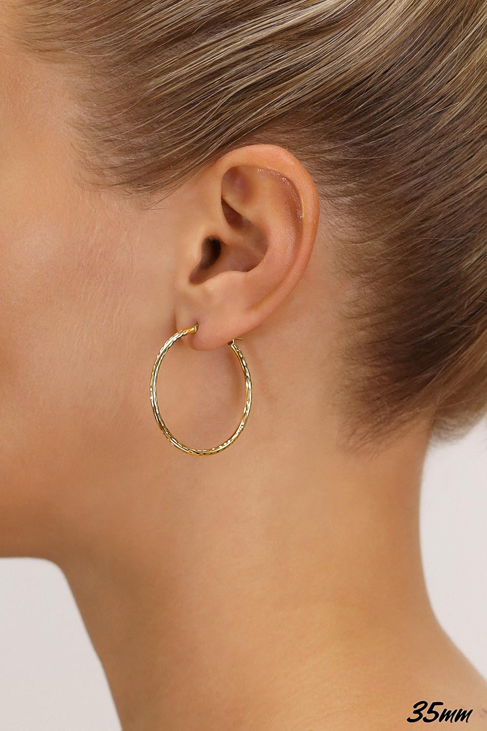 14k Yellow Gold Hand Engraved Full Diamond-cut Round Hoop Earrings - Image 5