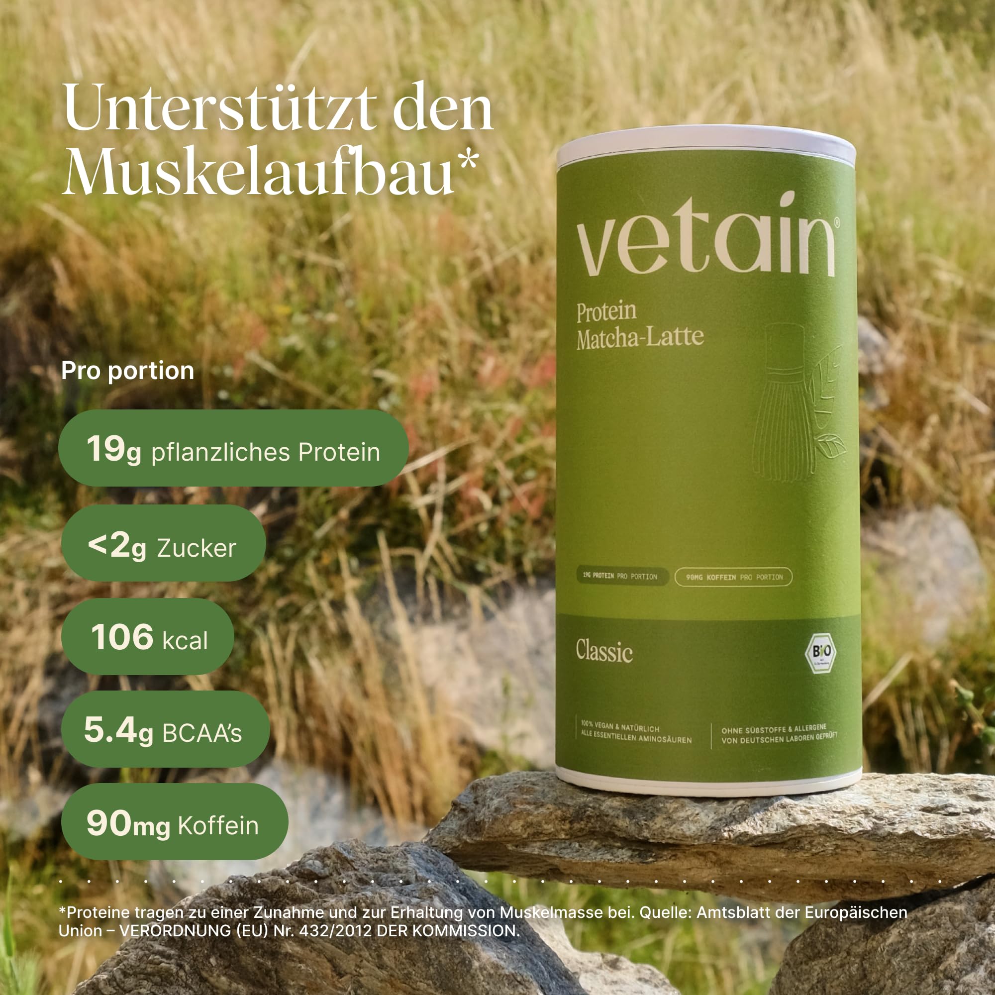VETAIN Matcha Set - Vegan Protein Pulver Matcha (600g) + Trinkglas mit Bambusdeckel (250ml) - inkl. Glasstrohhalm - Fünf Premium Protein Quellen - Ohne Allergene & Süßungsmittel