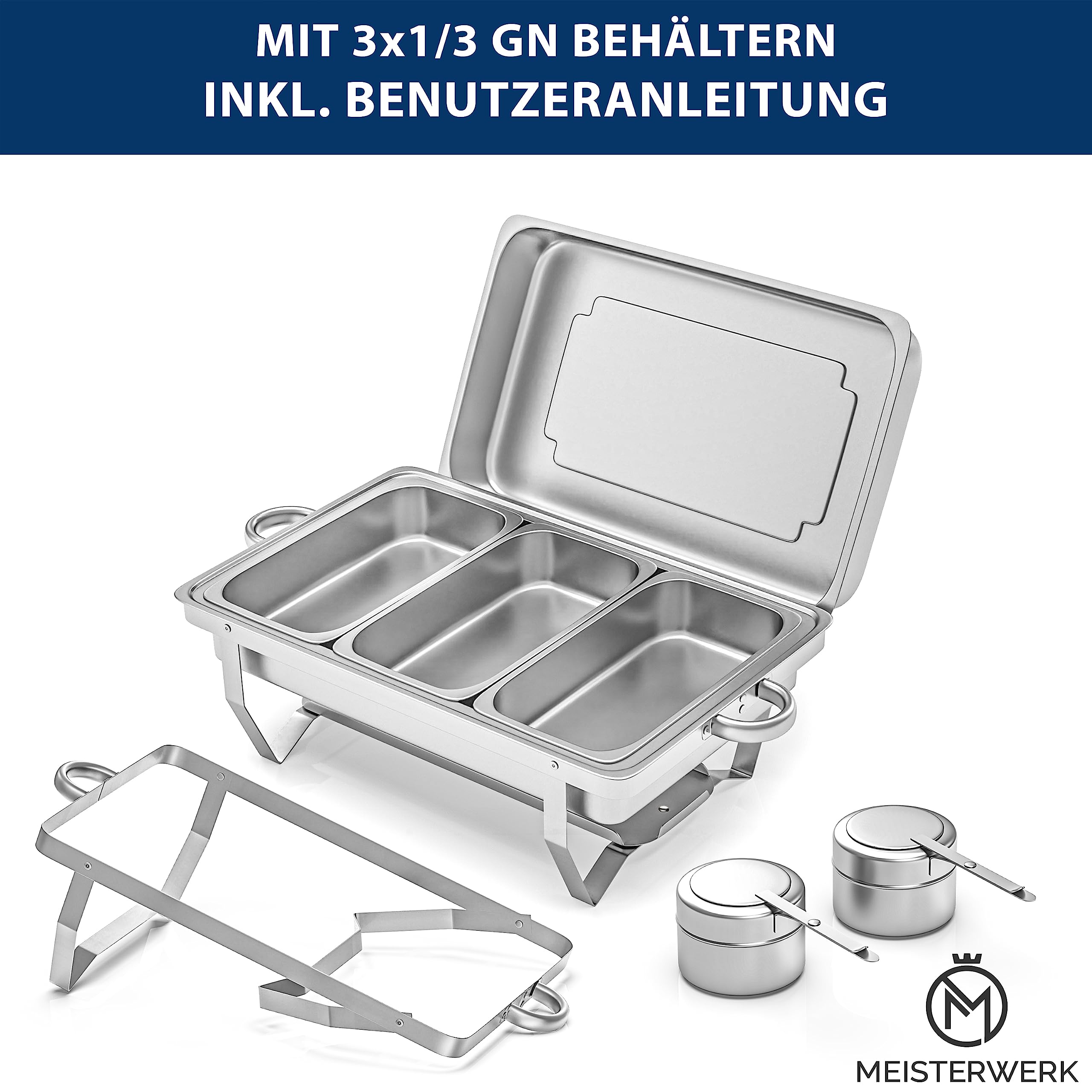 MEISTERWERK Warmhaltebehälter Essen (1er Set) - Erstklassiger 410 Edelstahl Chafing Dish - Warmhaltebehälter für Speisen inkl. Anleitung - Speisenwärmer ideal für Events & Partys